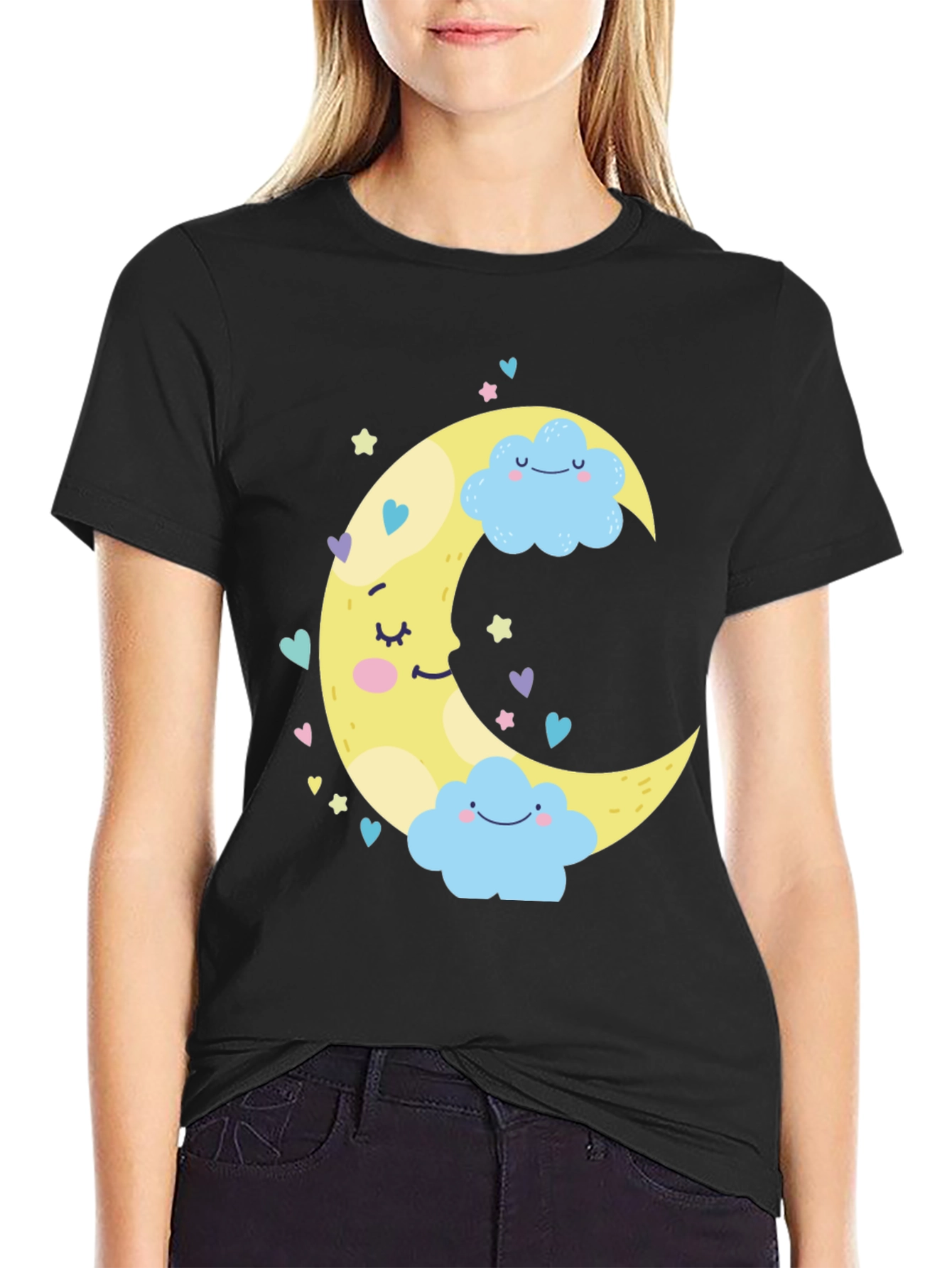 Cute Moon & Clouds Graphic Tee - Black