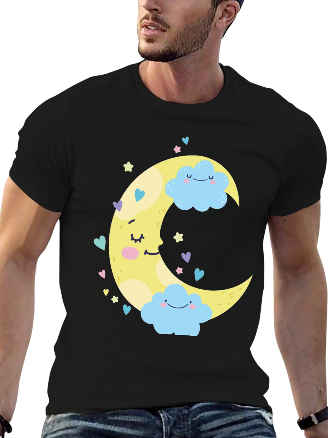 Cute Moon & Clouds Graphic Tee - Black