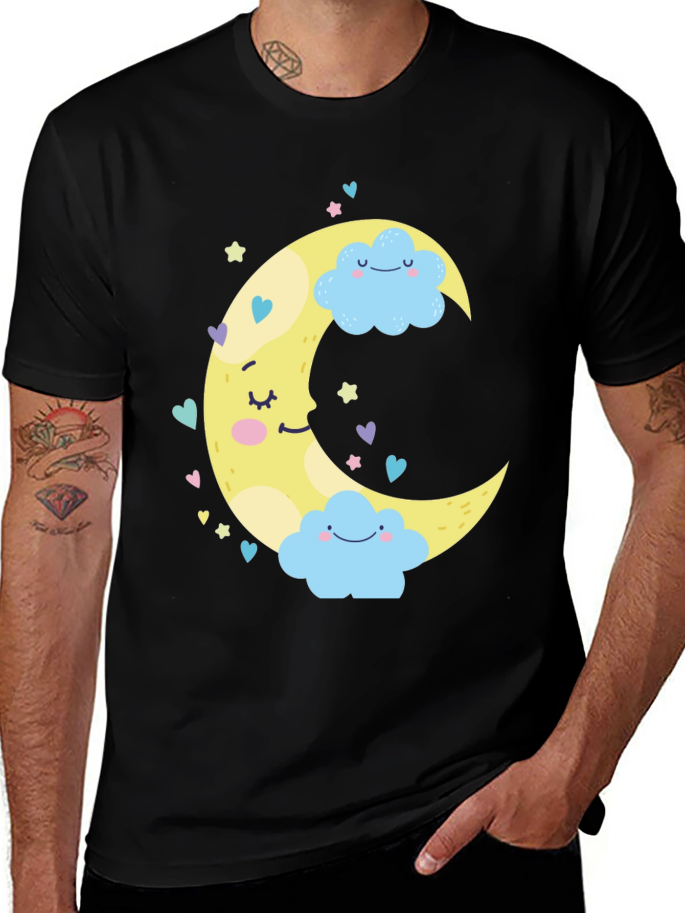 Cute Moon & Clouds Graphic Tee - Black