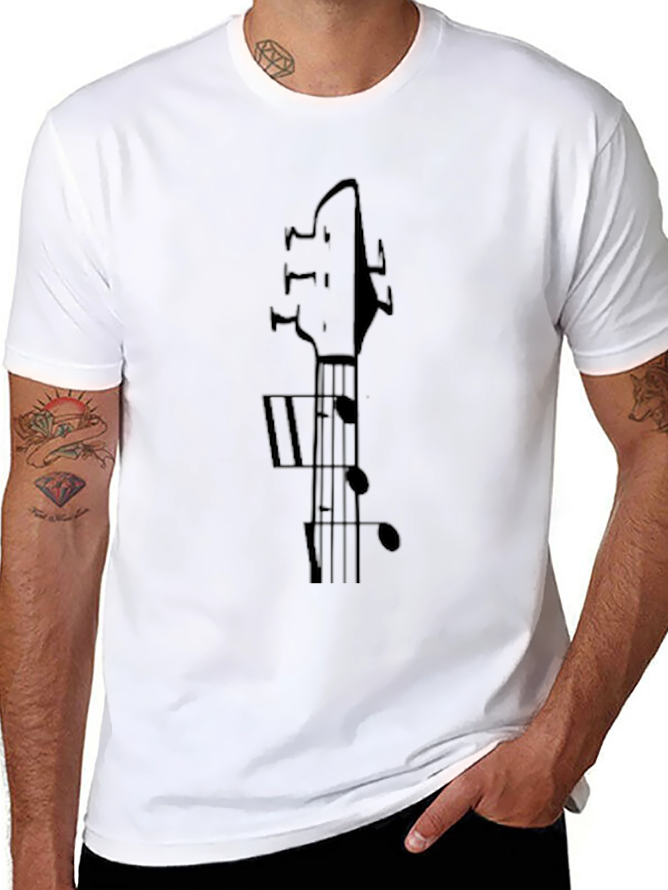 Guitar Headstock & Music Note Black Graphic Tee