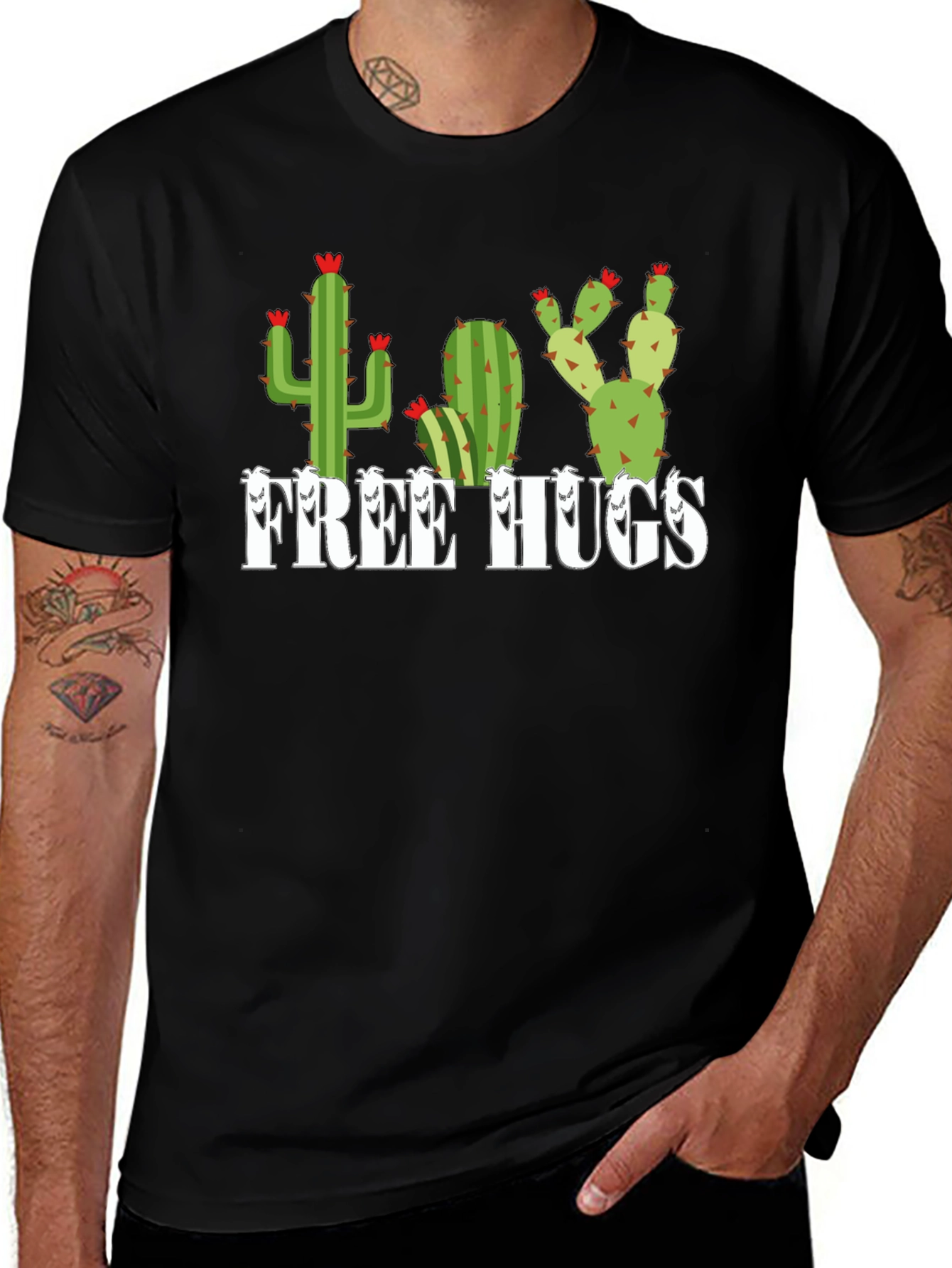 Free Hugs Cactus Graphic Tee - Black Unisex Shirt