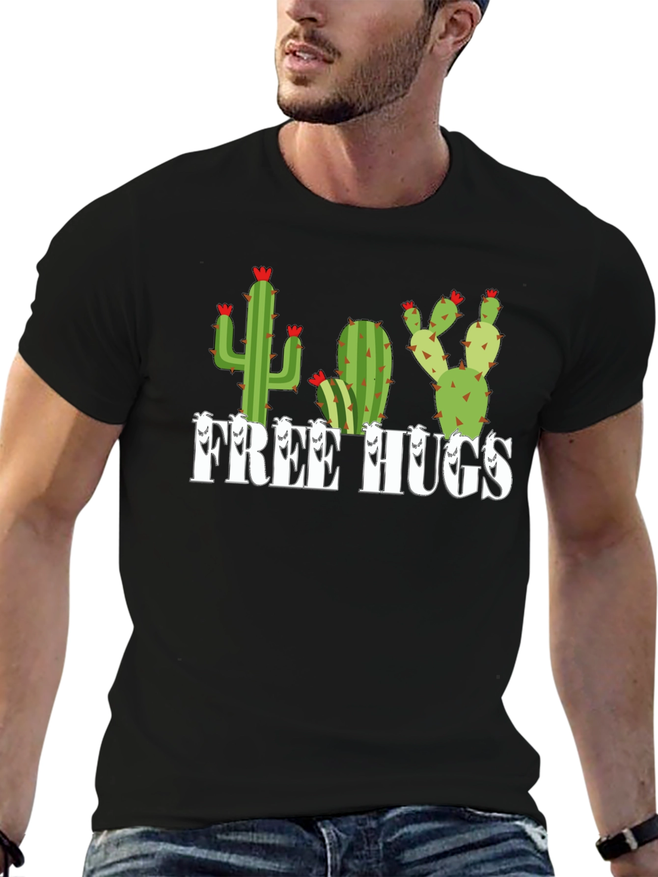 Free Hugs Cactus Graphic Tee - Black Unisex Shirt