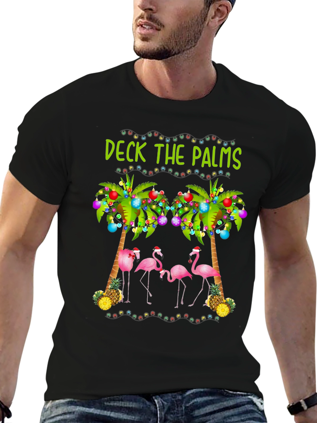 Deck the Palms Holiday T-Shirt with Flamingos