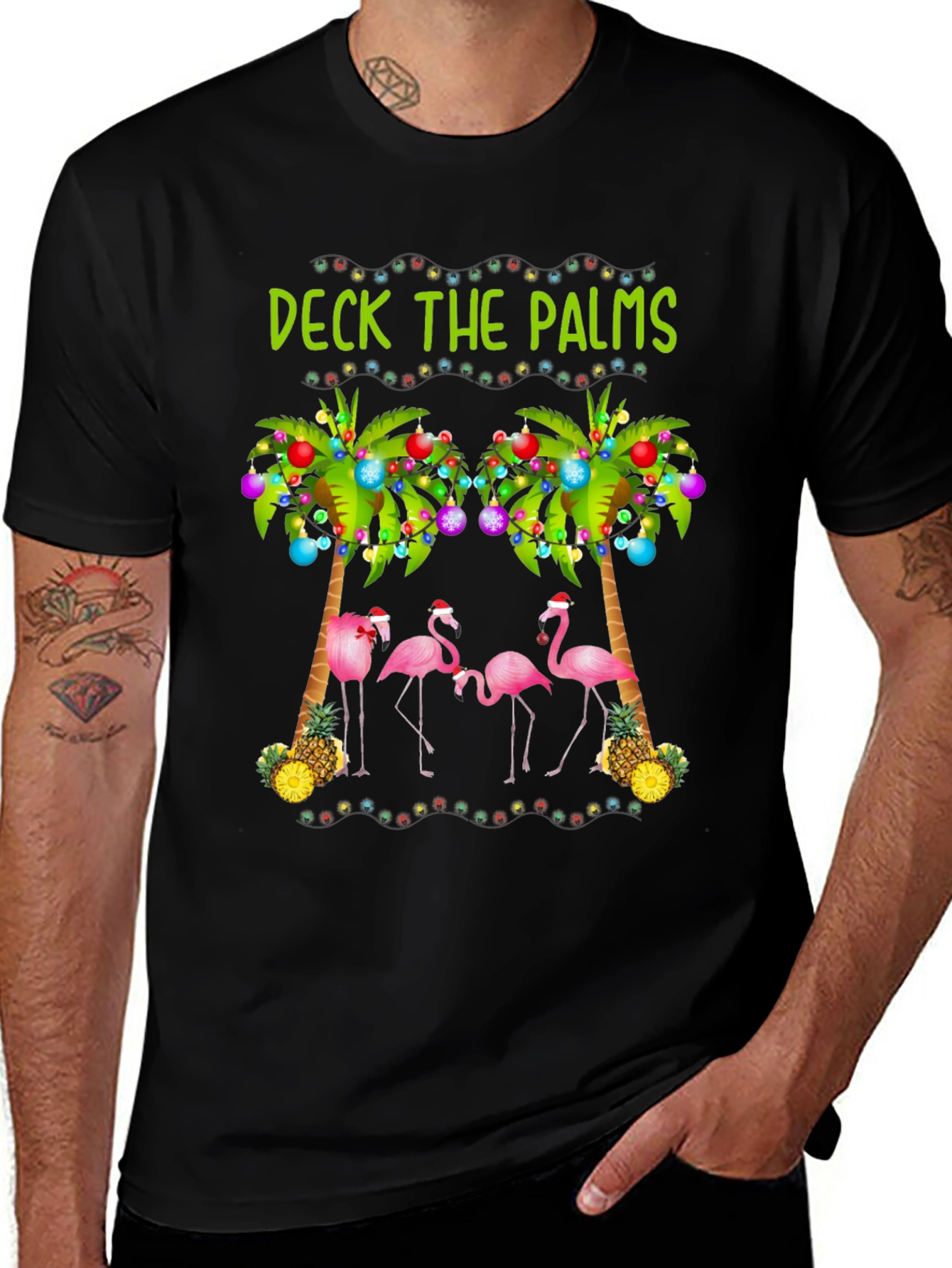 Deck the Palms Holiday T-Shirt with Flamingos