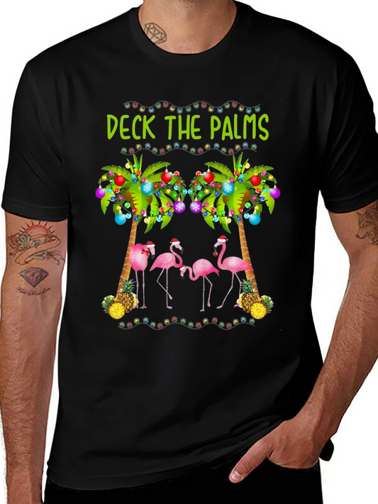 Deck the Palms Holiday T-Shirt with Flamingos