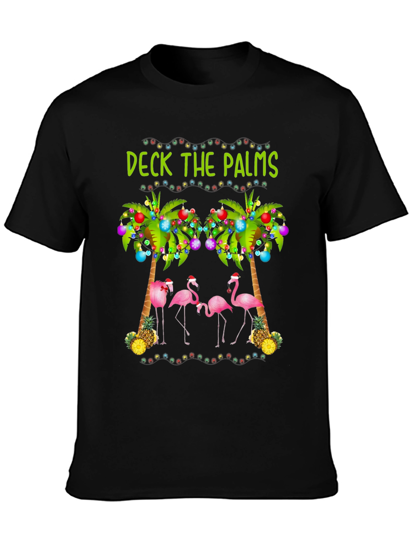 Deck the Palms Holiday T-Shirt with Flamingos