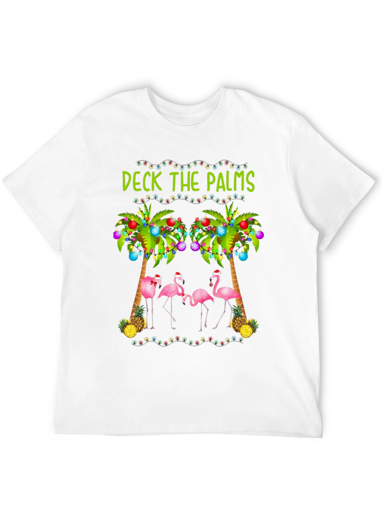 Deck the Palms Holiday T-Shirt with Flamingos