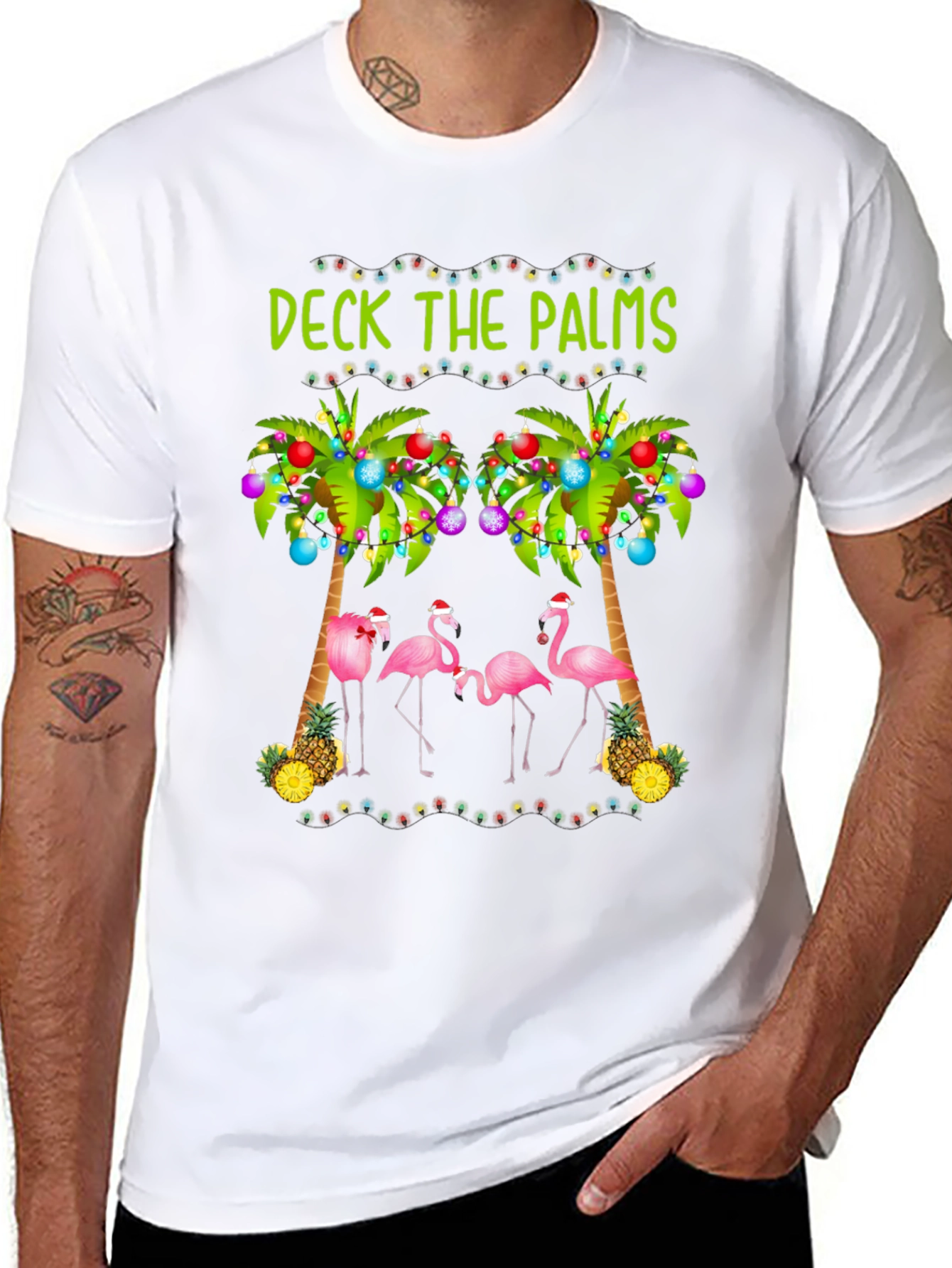 Deck the Palms Holiday T-Shirt with Flamingos