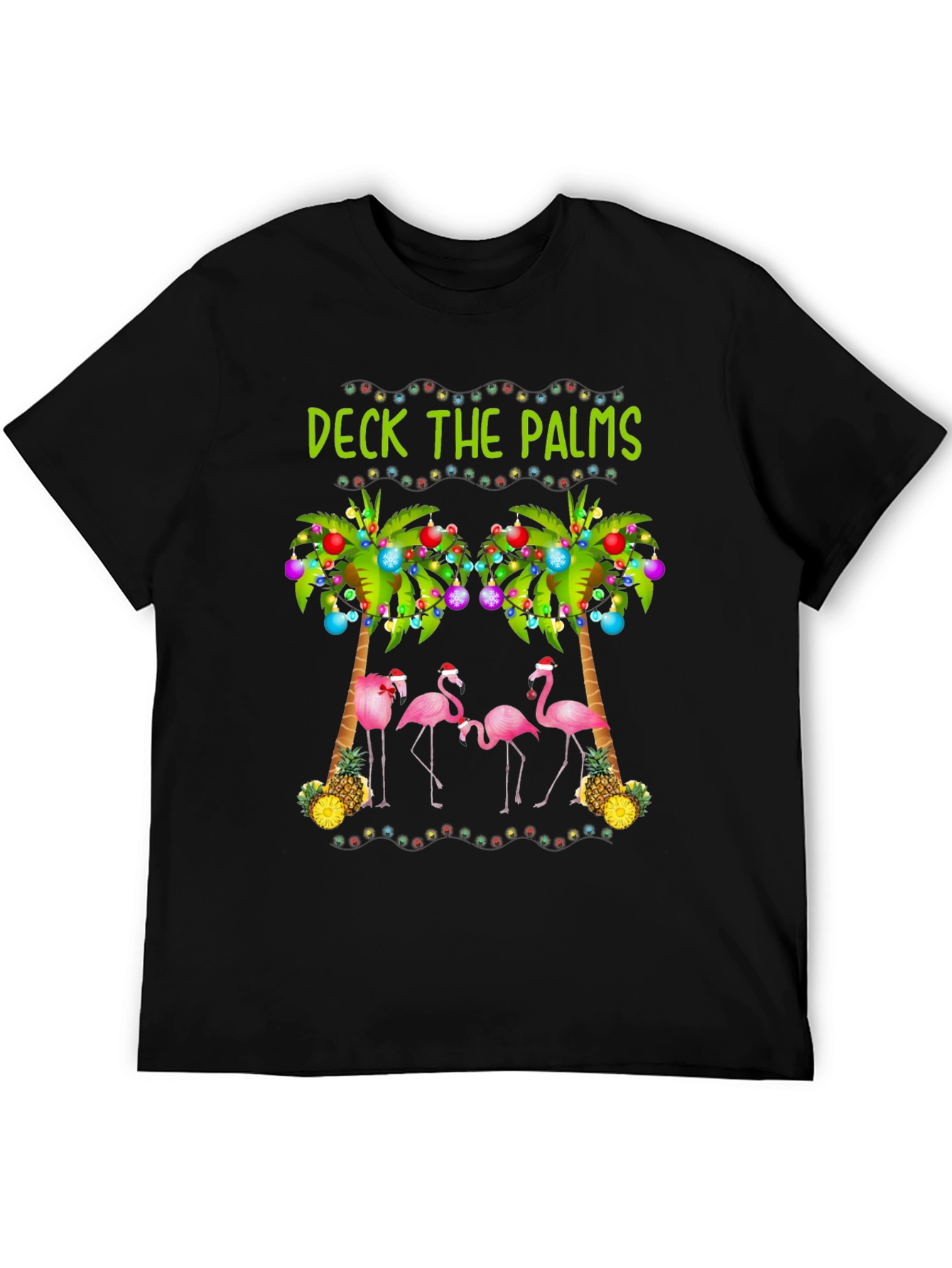 Deck the Palms Holiday T-Shirt with Flamingos