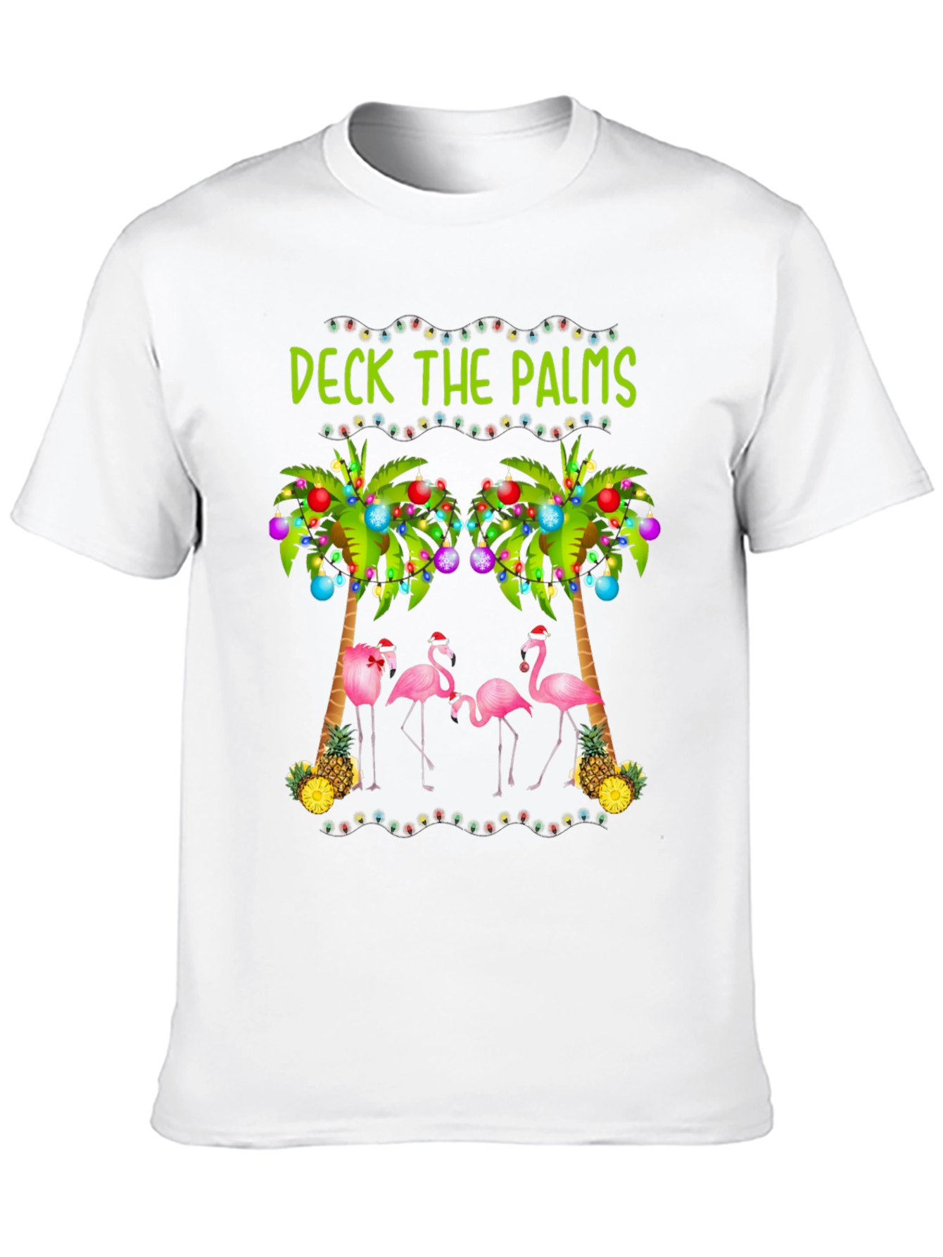 Deck the Palms Holiday T-Shirt with Flamingos