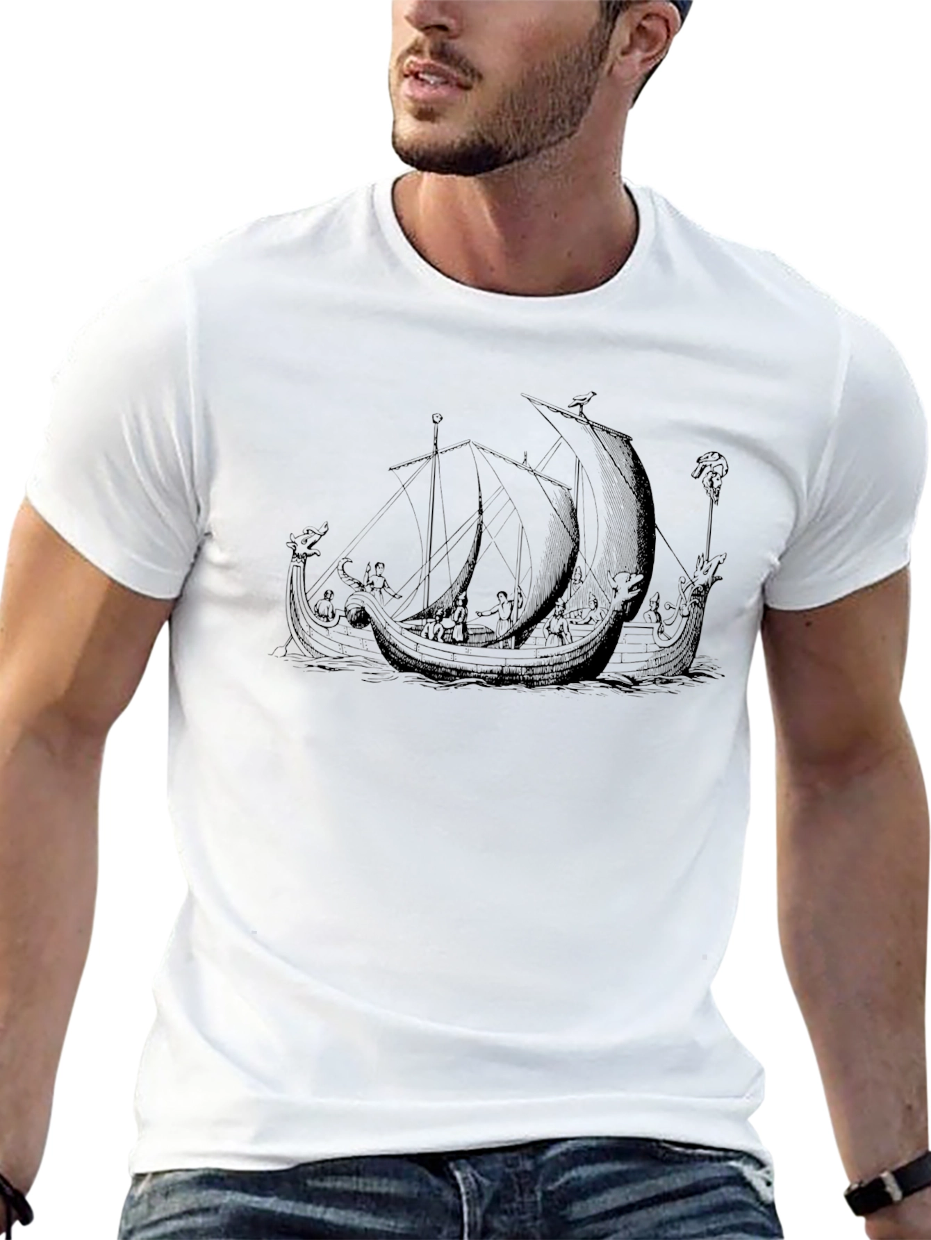 Black T-Shirt with Viking Ship Graphic