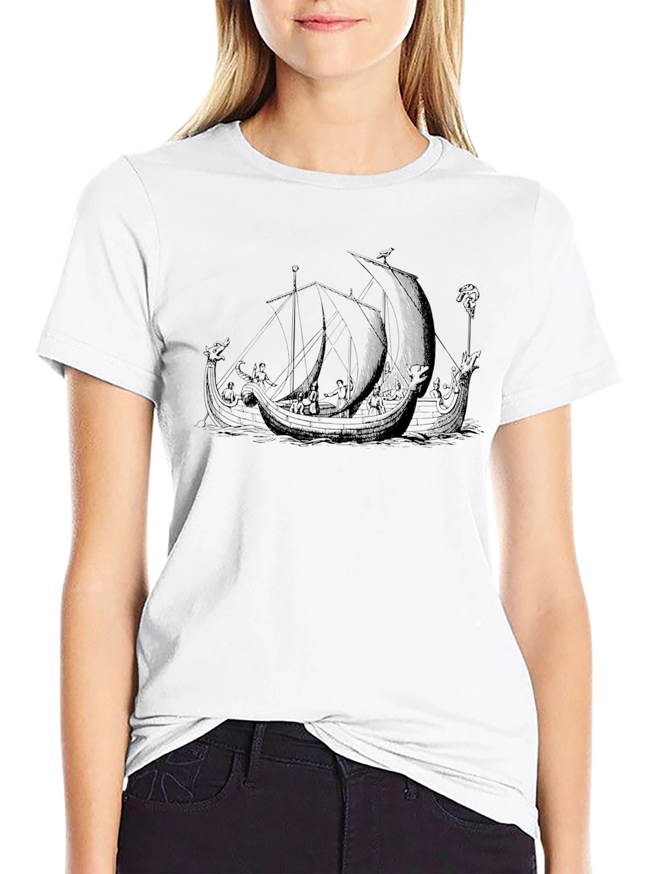 Black T-Shirt with Viking Ship Graphic