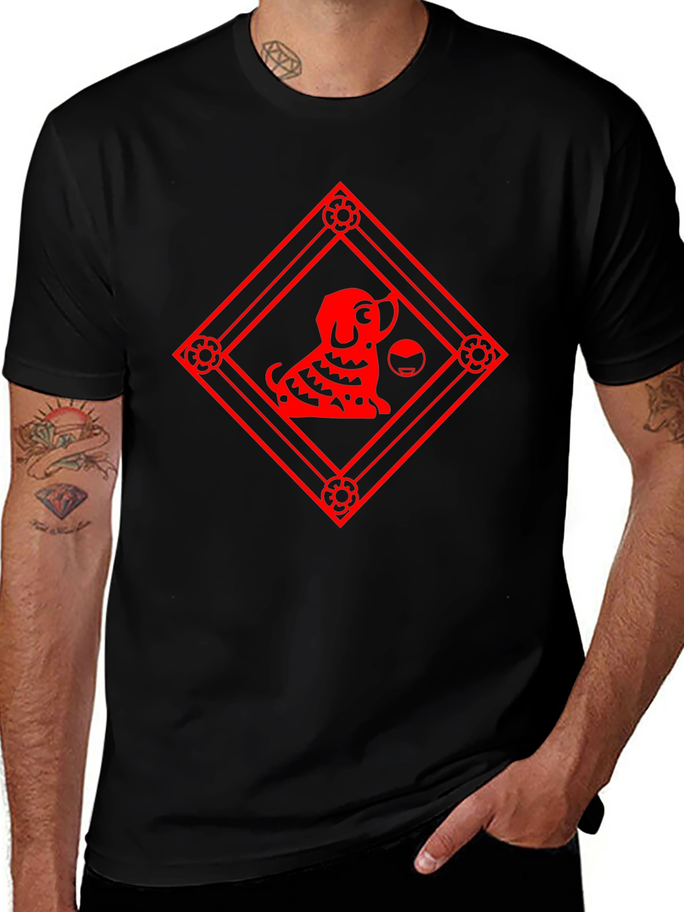 Black T-Shirt with Red Dog Graphic