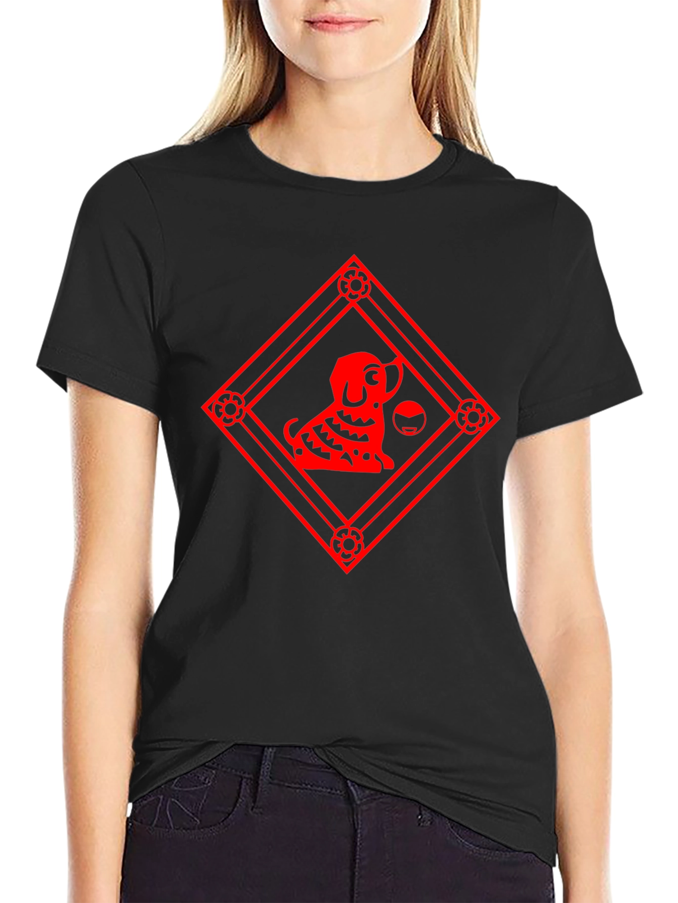 Black T-Shirt with Red Dog Graphic
