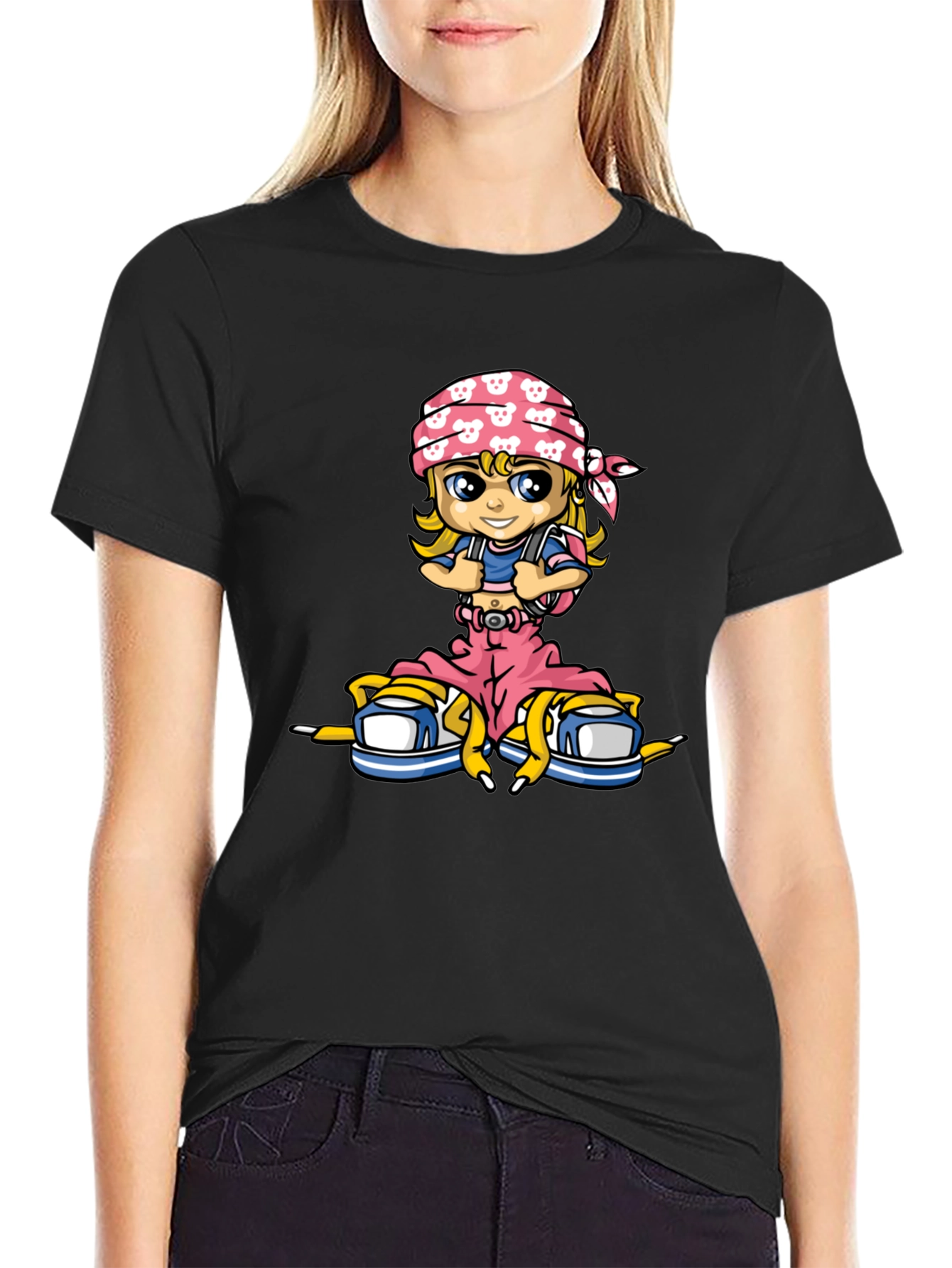 Cartoon Girl T-Shirt - Black Cotton Tee