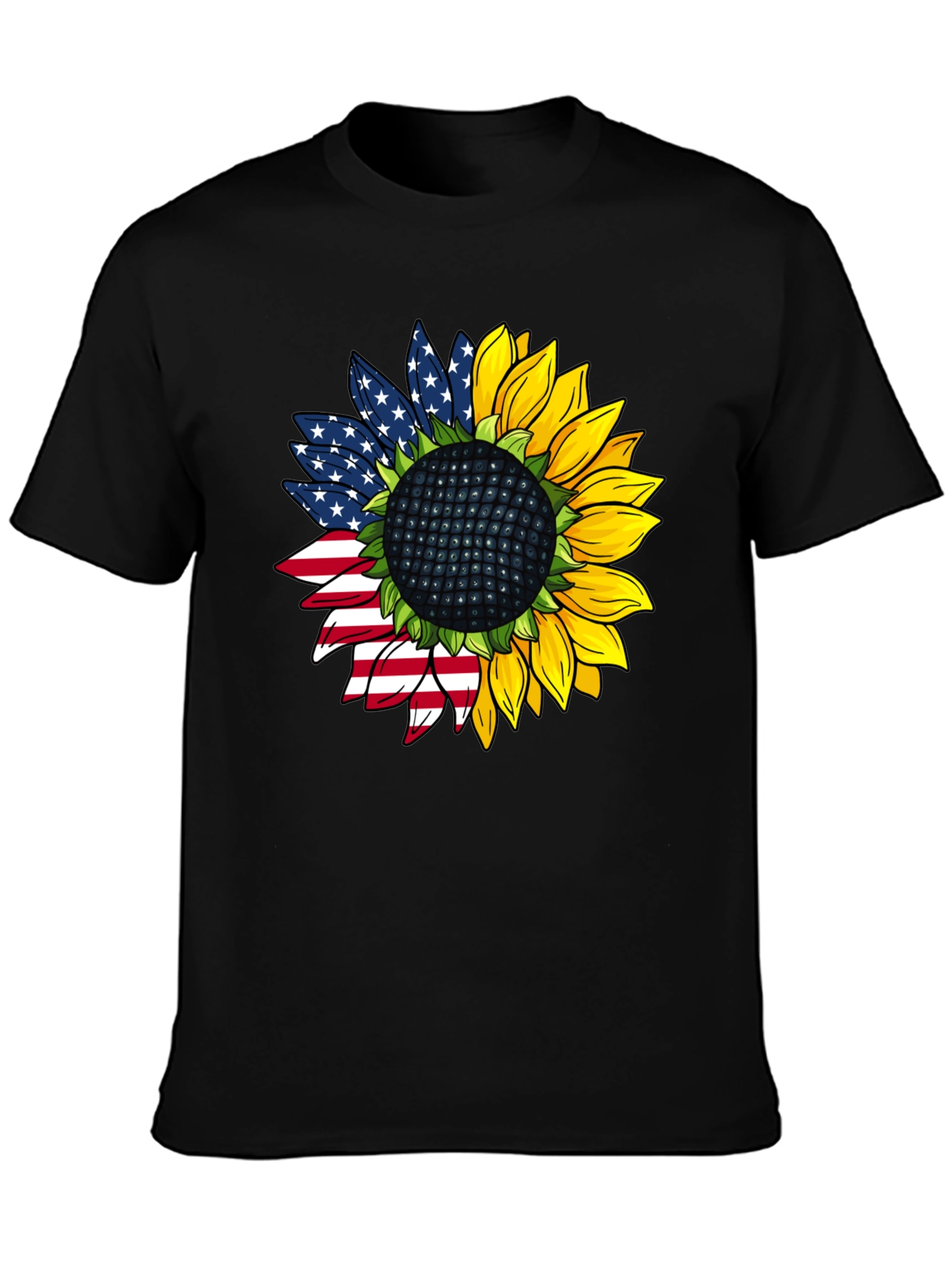 American Flag Sunflower Black T-Shirt