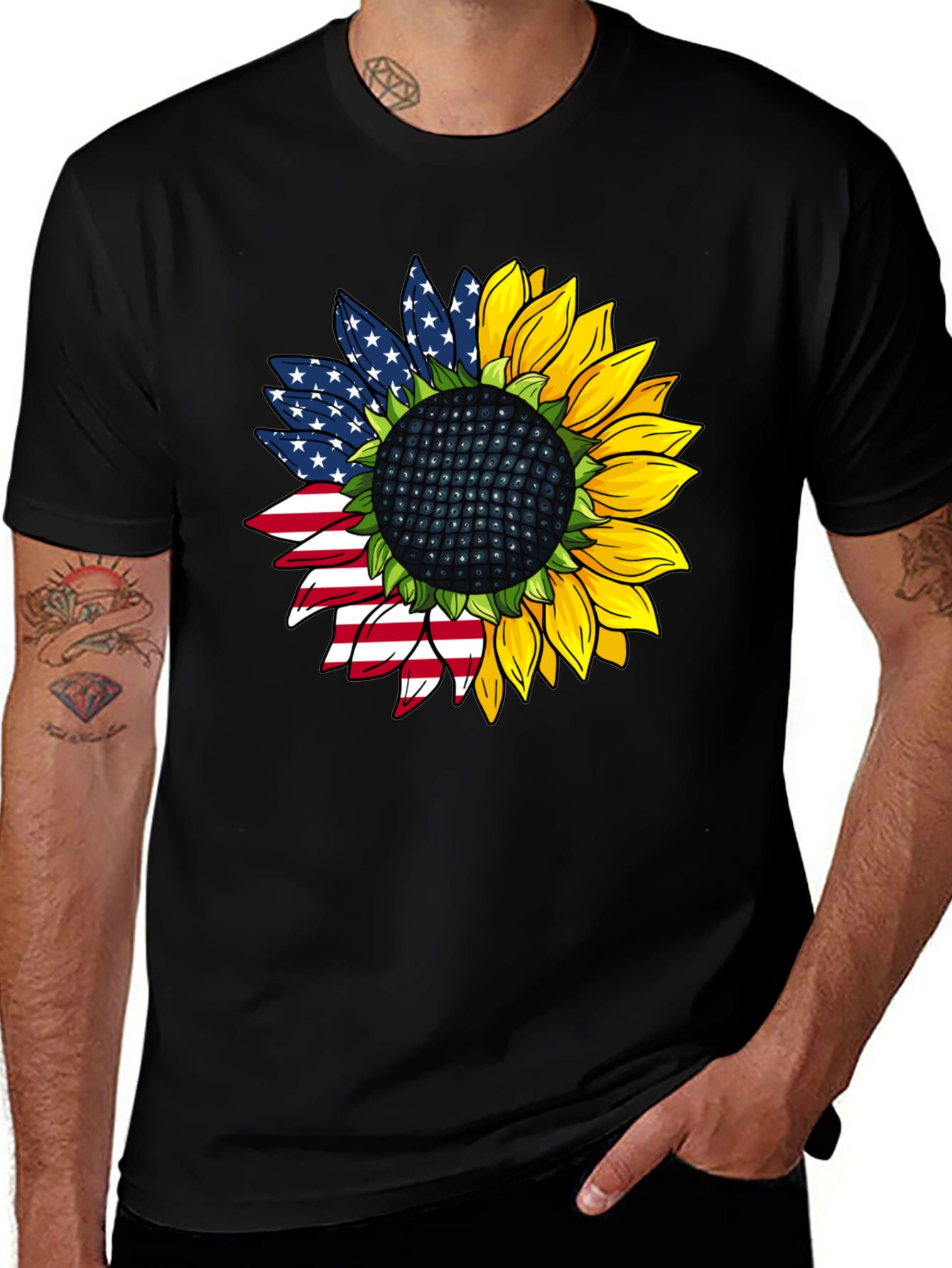 American Flag Sunflower Black T-Shirt