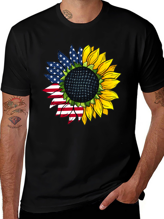 American Flag Sunflower Black T-Shirt