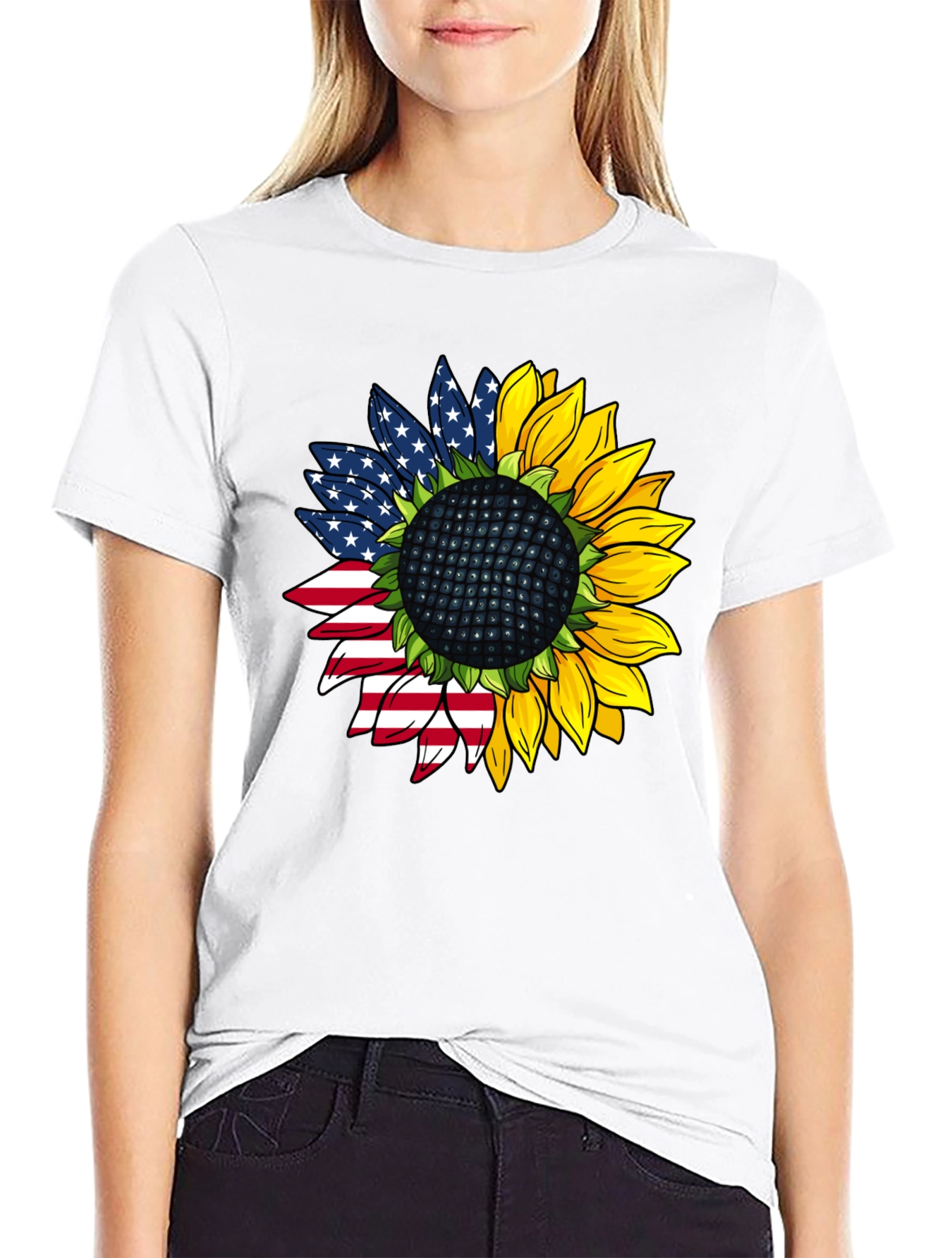 American Flag Sunflower Black T-Shirt