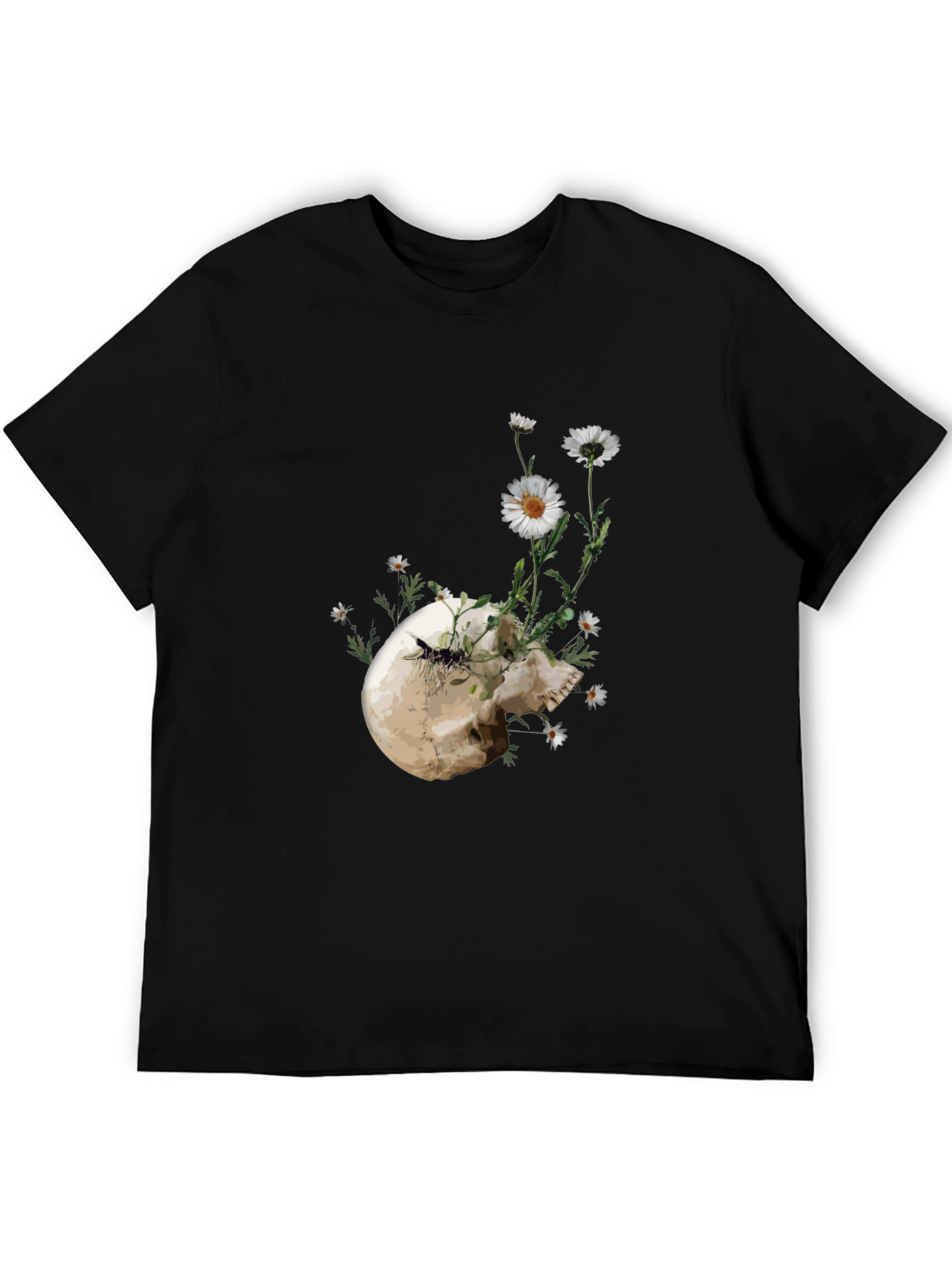 Skull and Daisy Graphic Tee - Black Cotton T-Shirt