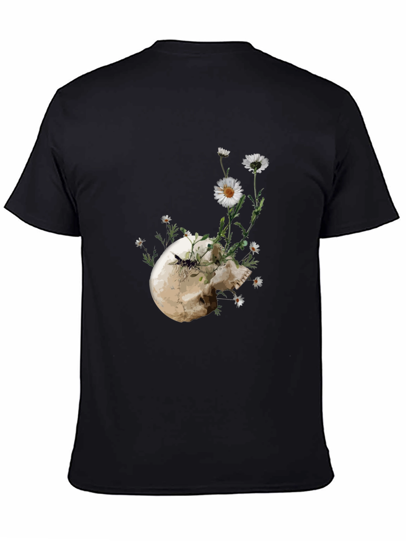 Skull and Daisy Graphic Tee - Black Cotton T-Shirt