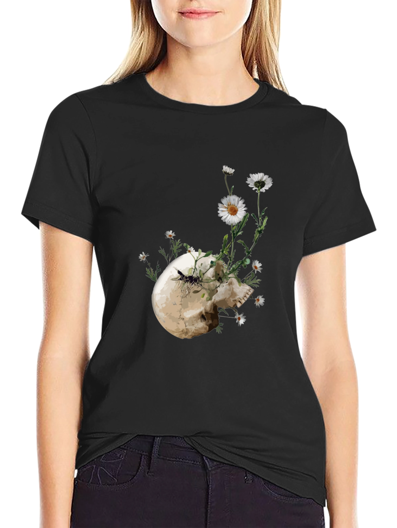 Skull and Daisy Graphic Tee - Black Cotton T-Shirt