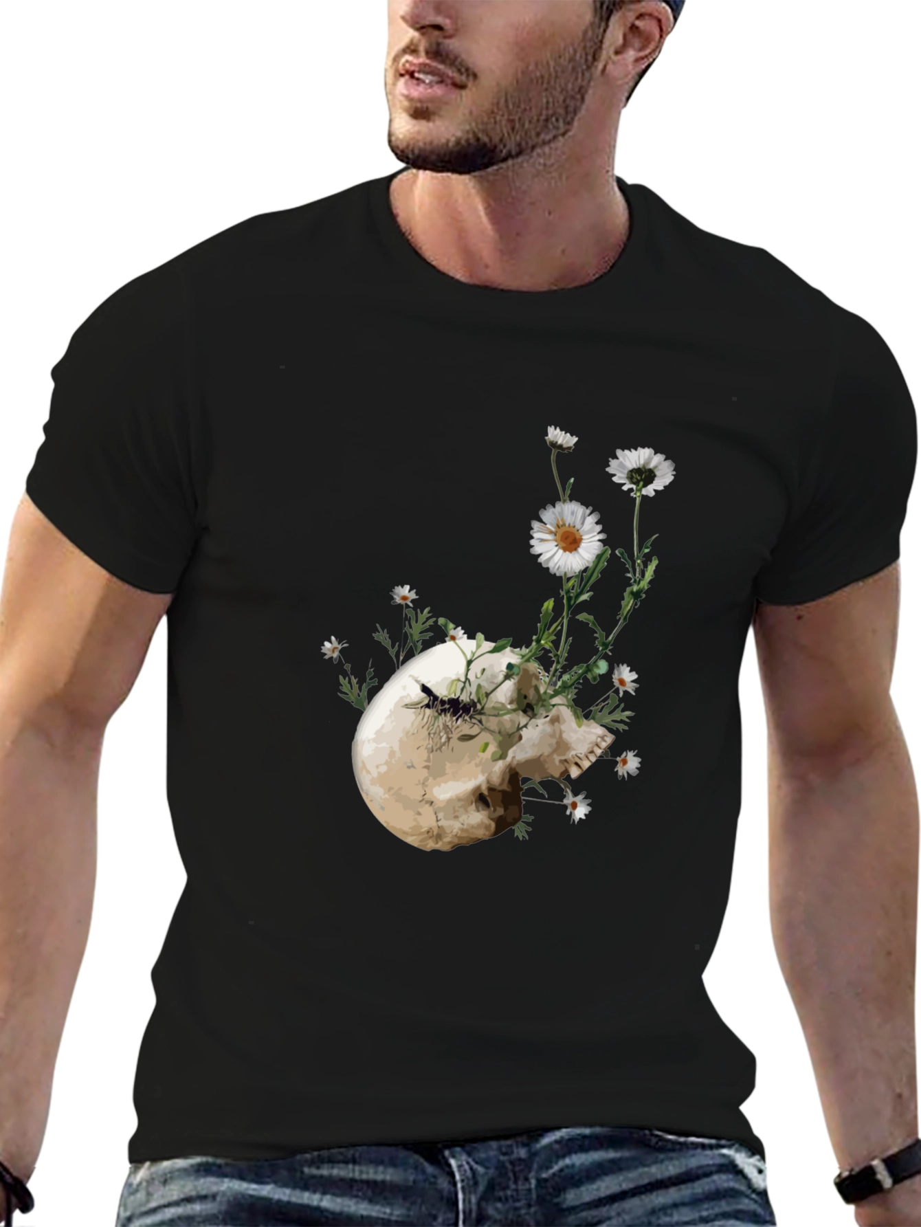 Skull and Daisy Graphic Tee - Black Cotton T-Shirt
