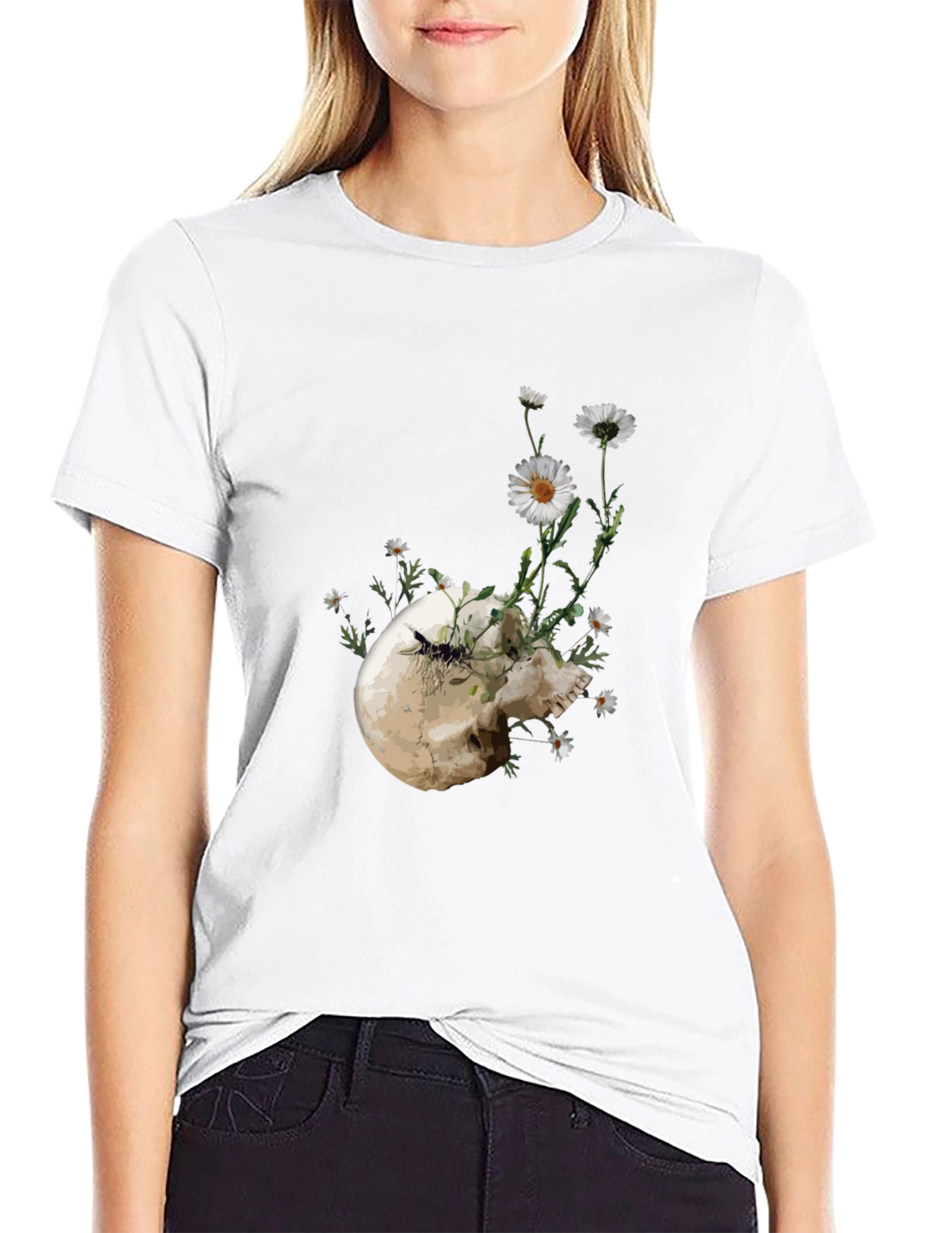 Skull and Daisy Graphic Tee - Black Cotton T-Shirt