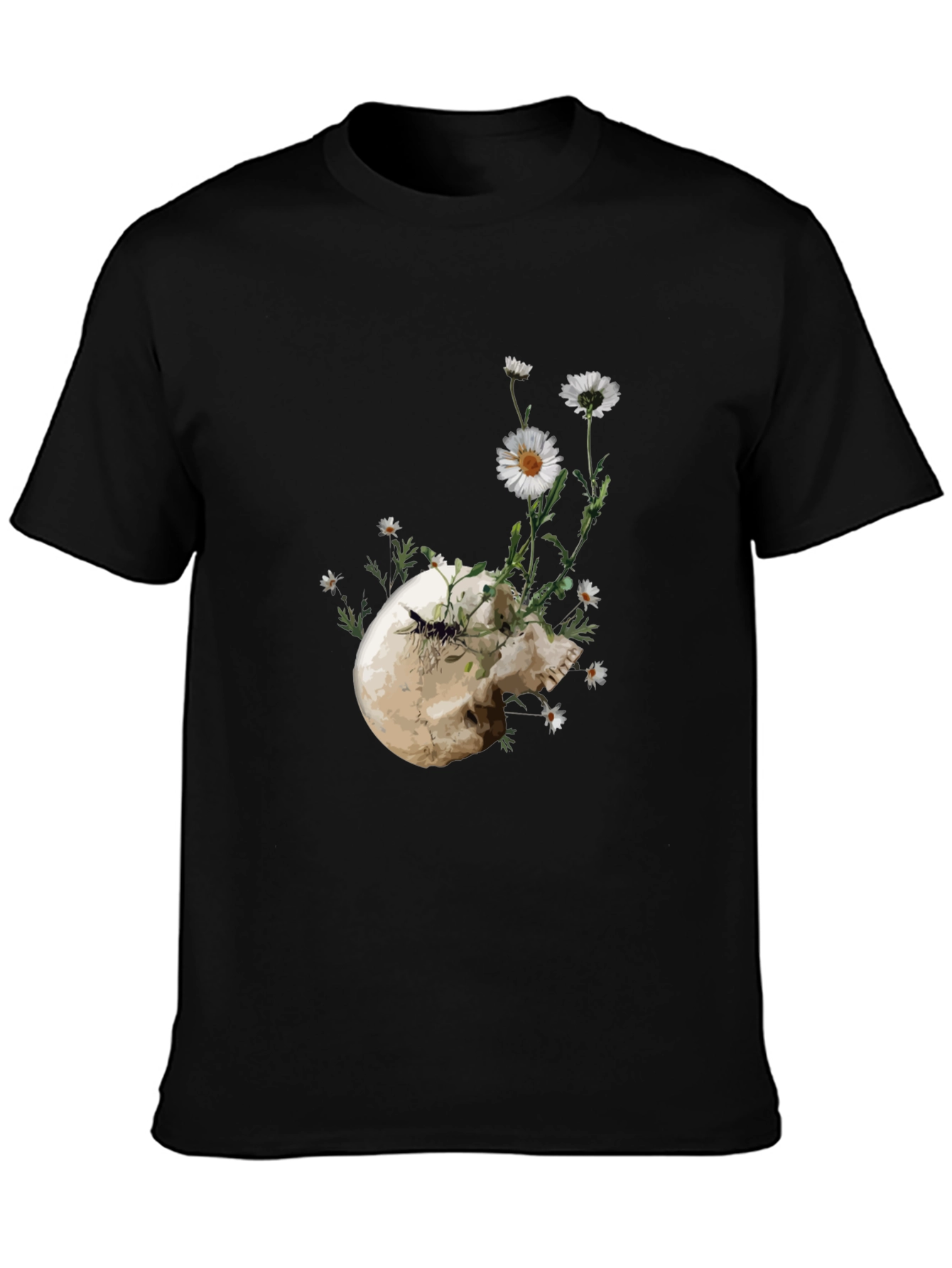 Skull and Daisy Graphic Tee - Black Cotton T-Shirt