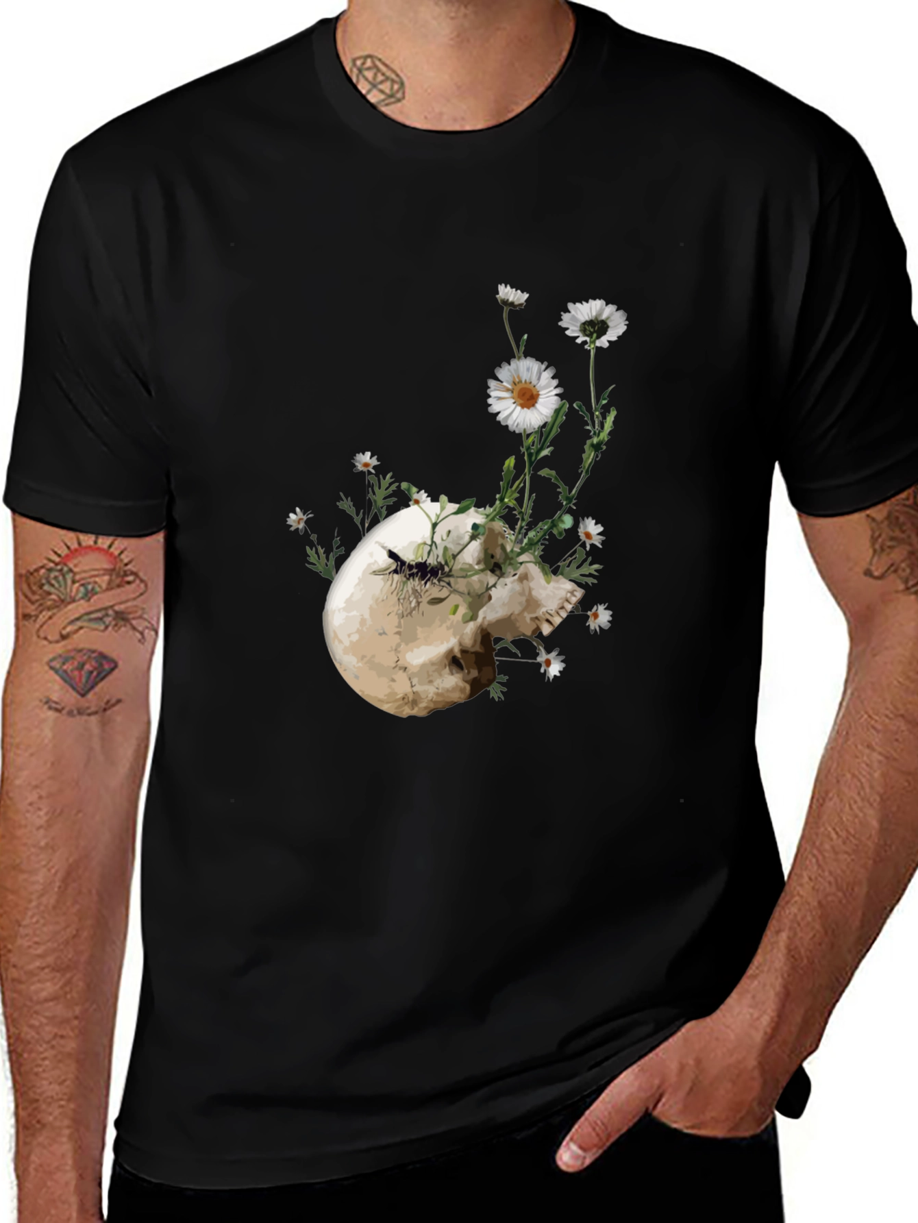 Skull and Daisy Graphic Tee - Black Cotton T-Shirt