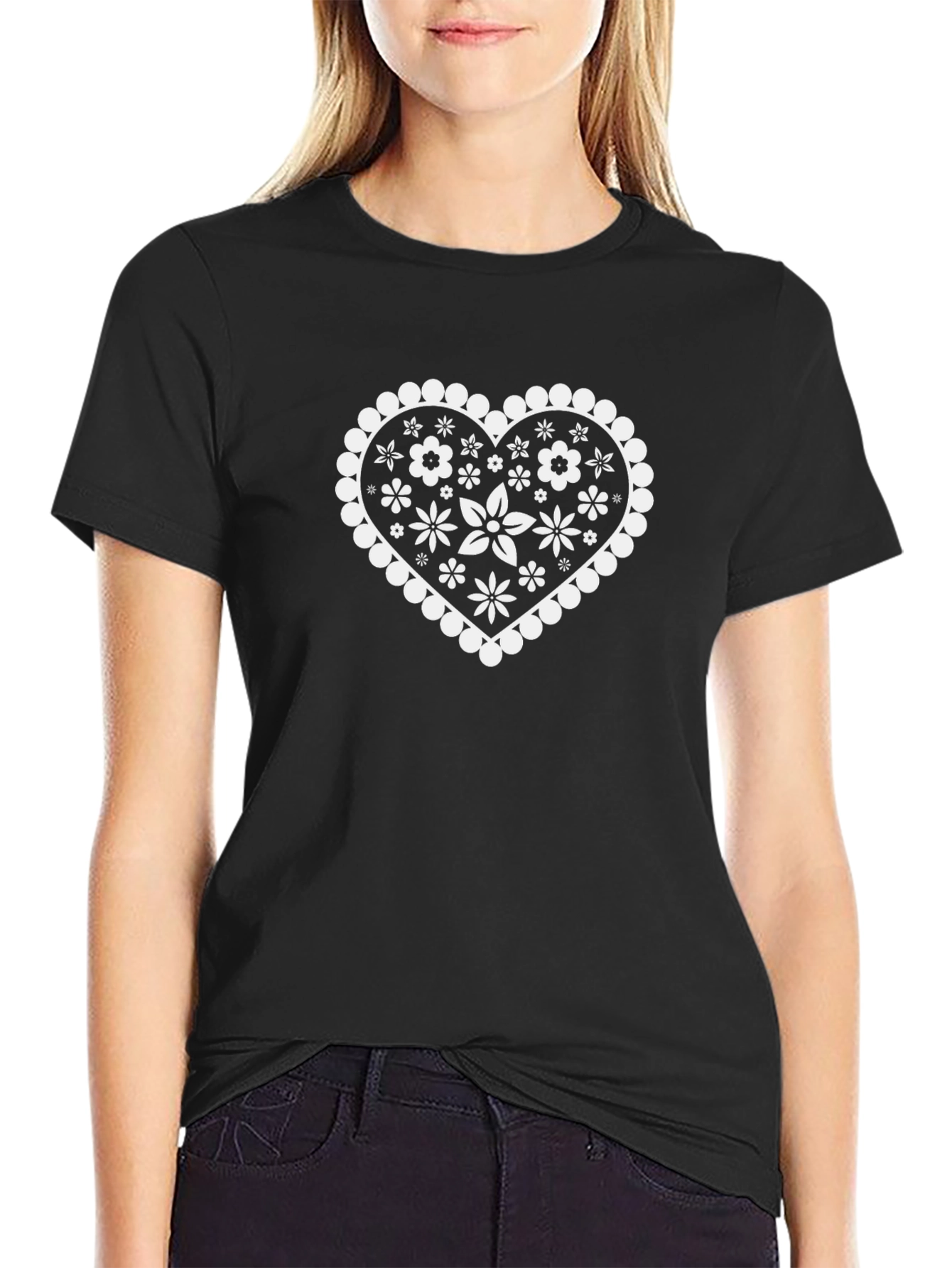 Floral Heart Graphic Tee - Black Cotton T-Shirt