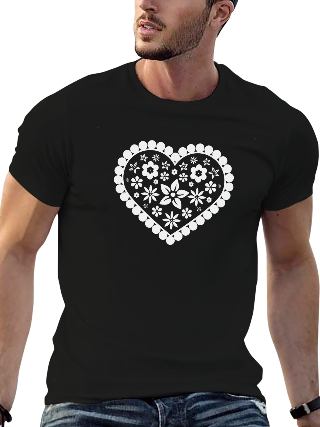 Floral Heart Graphic Tee - Black Cotton T-Shirt