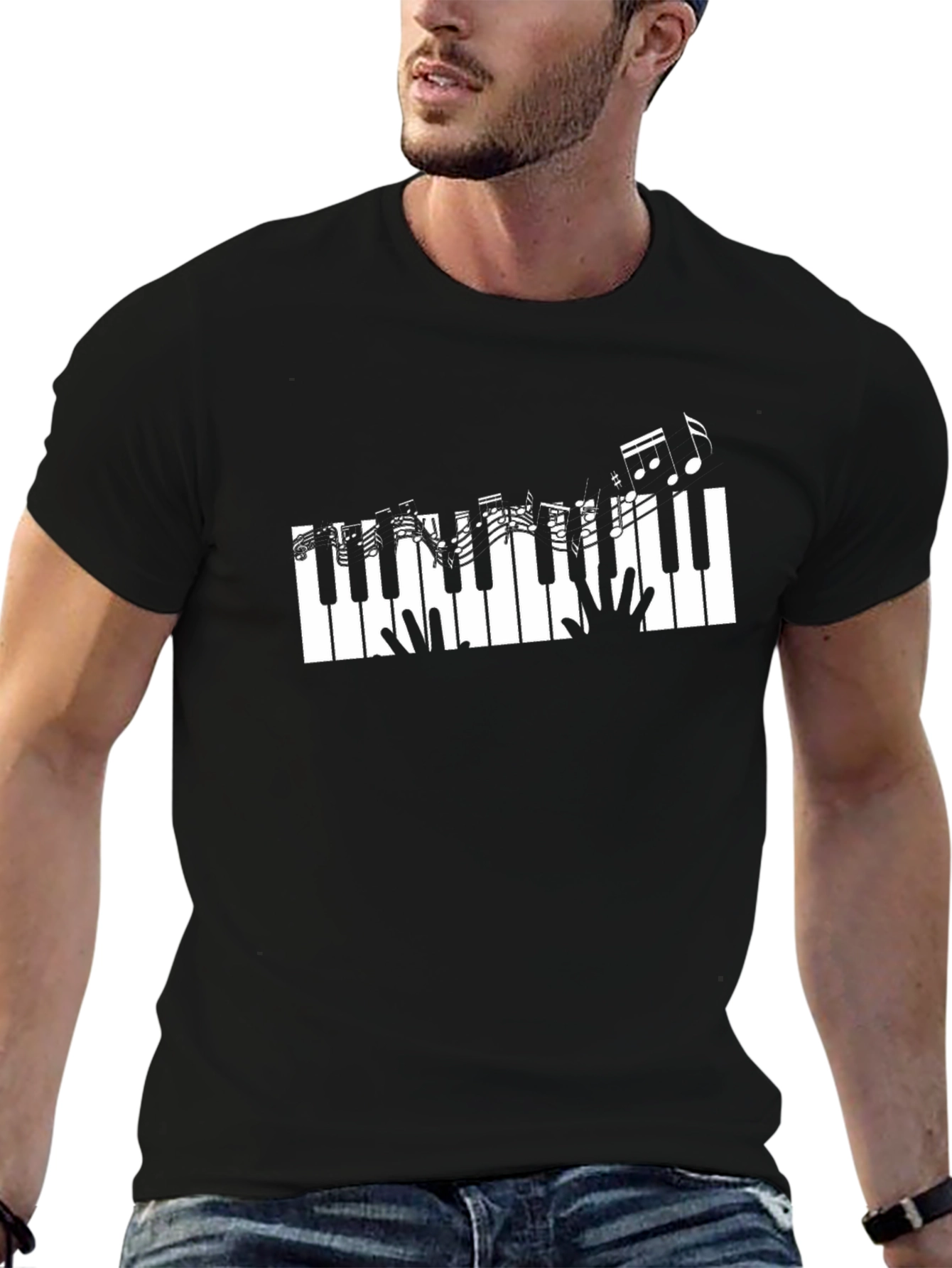 Piano Keys & Music Notes Graphic Black T-Shirt