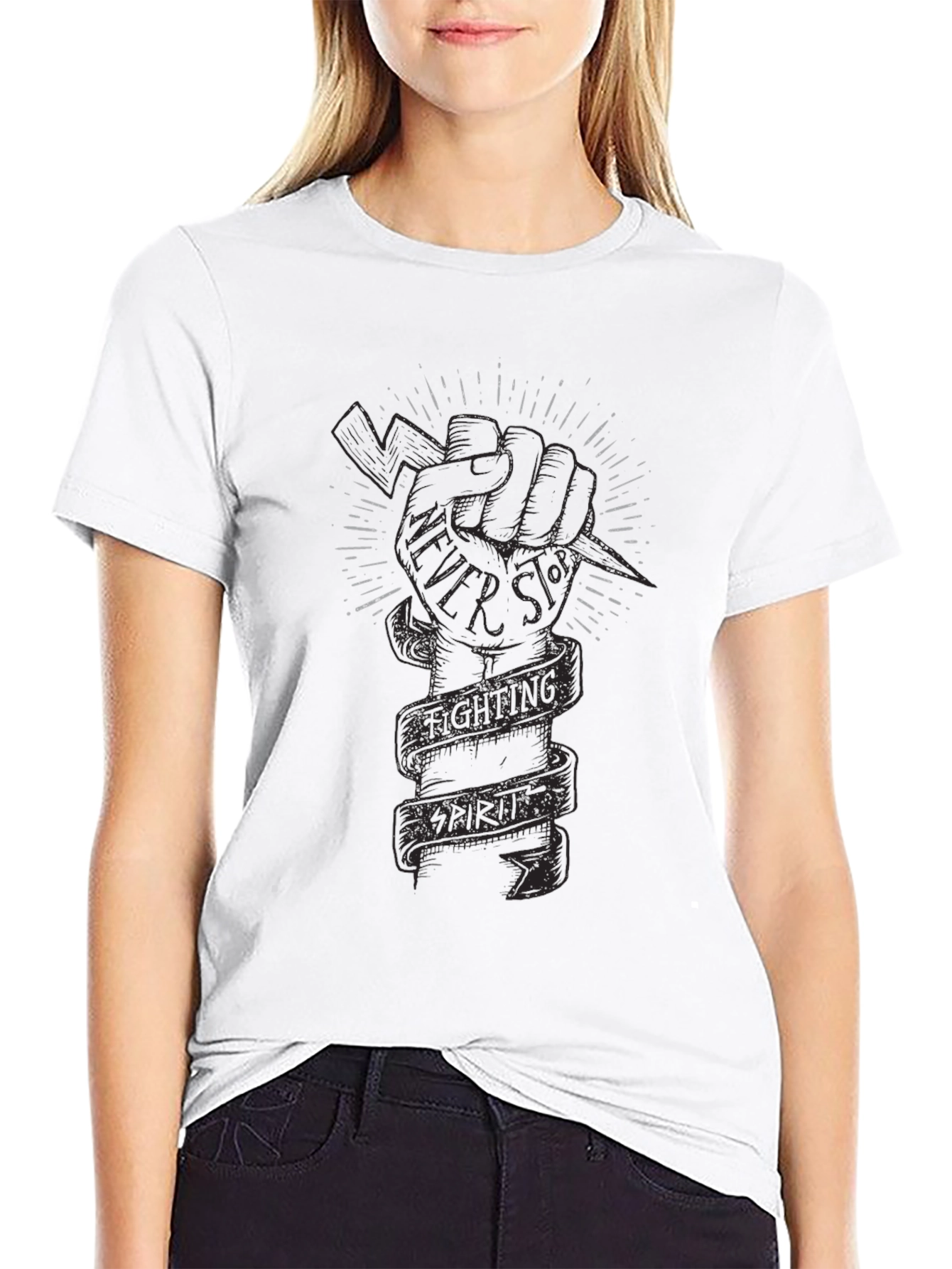 Fighting Spirit Graphic Print Black T-Shirt