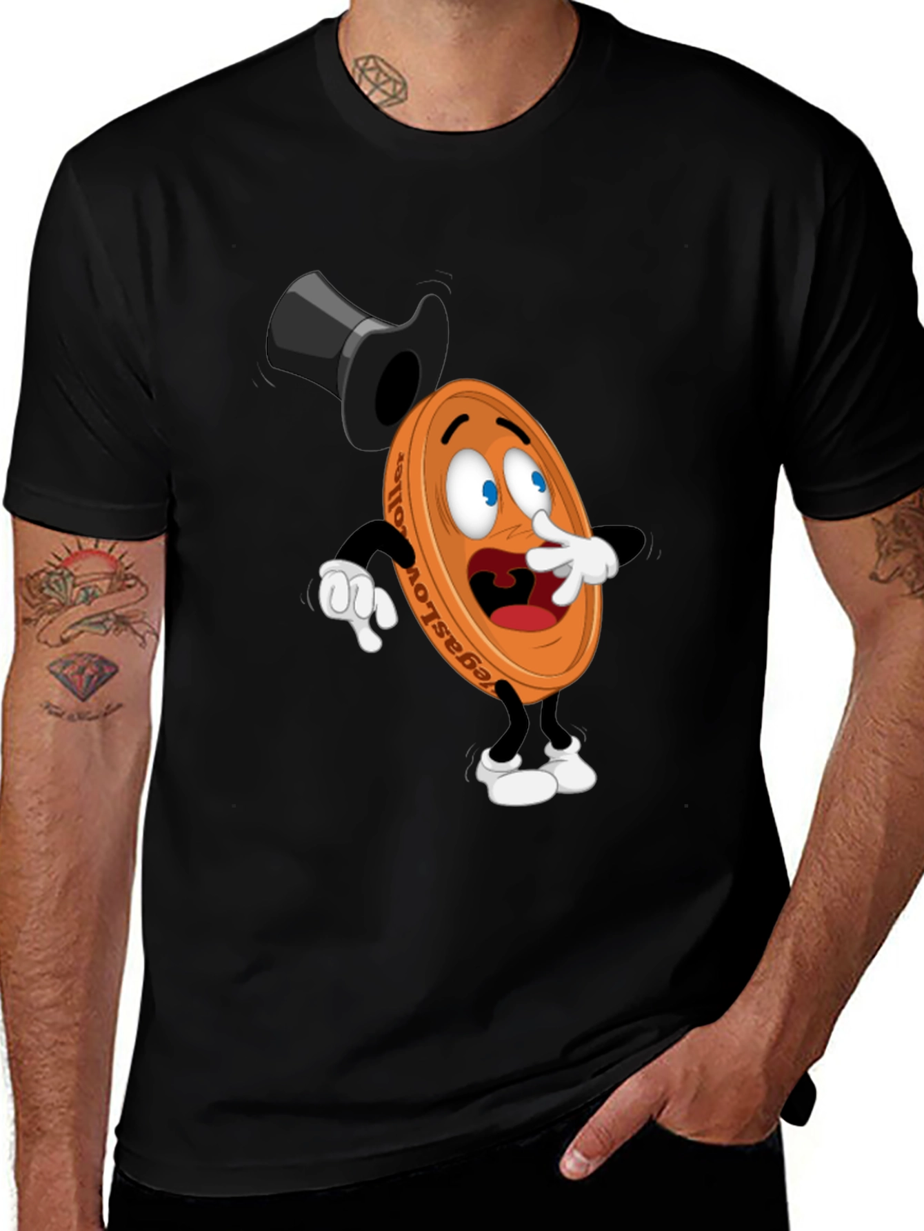 Mens Black T-Shirt with Cartoon Coin Design