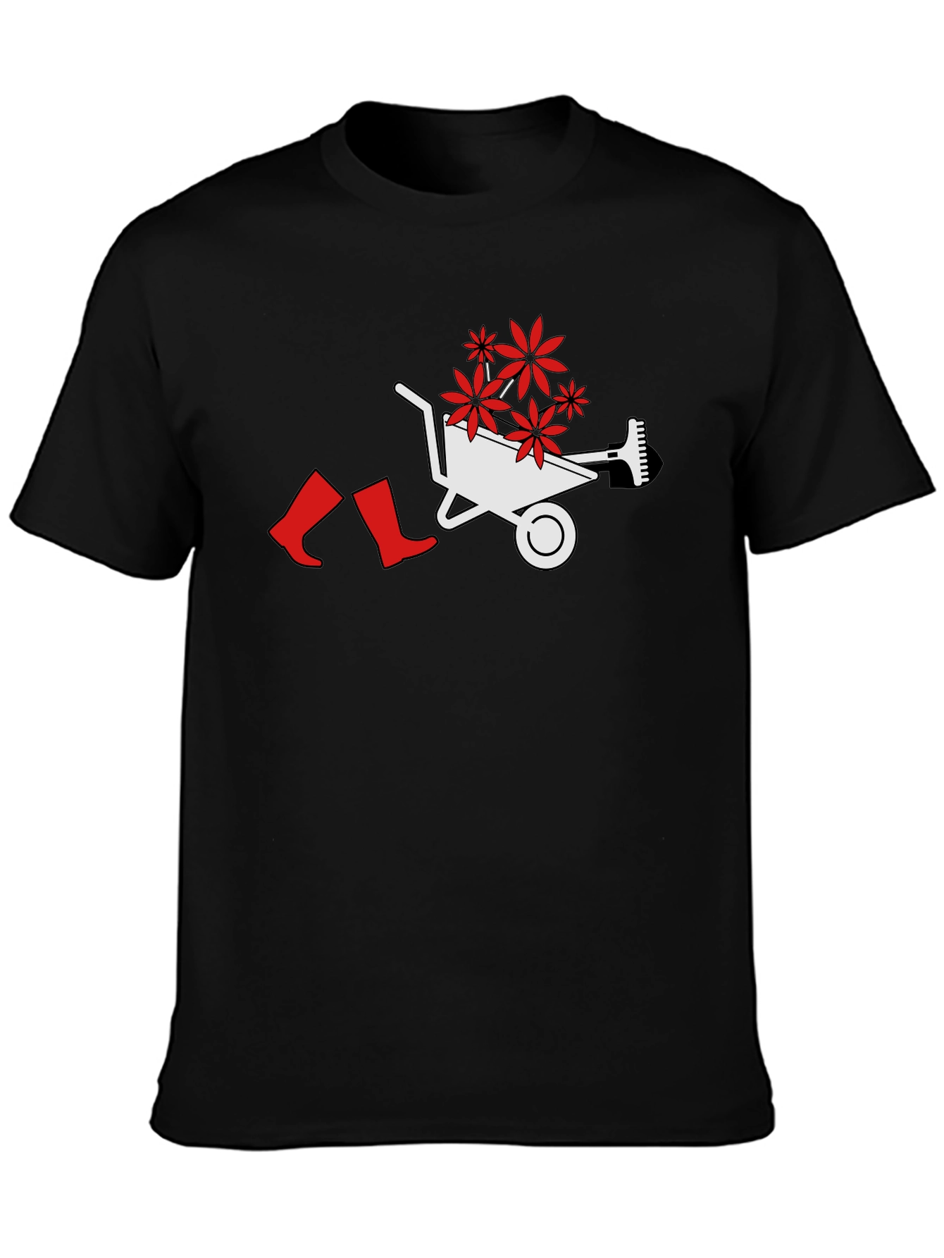 Gardening Humor T-Shirt: Wheelbarrow Boots & Flowers