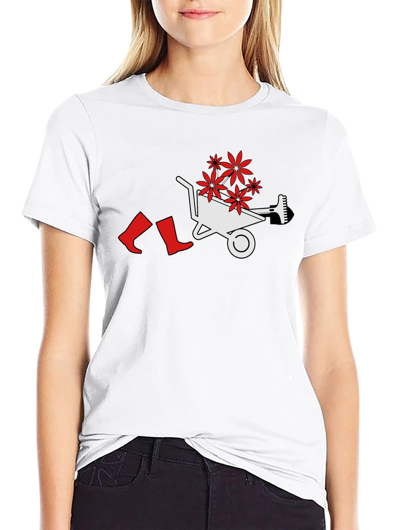 Gardening Humor T-Shirt: Wheelbarrow Boots & Flowers