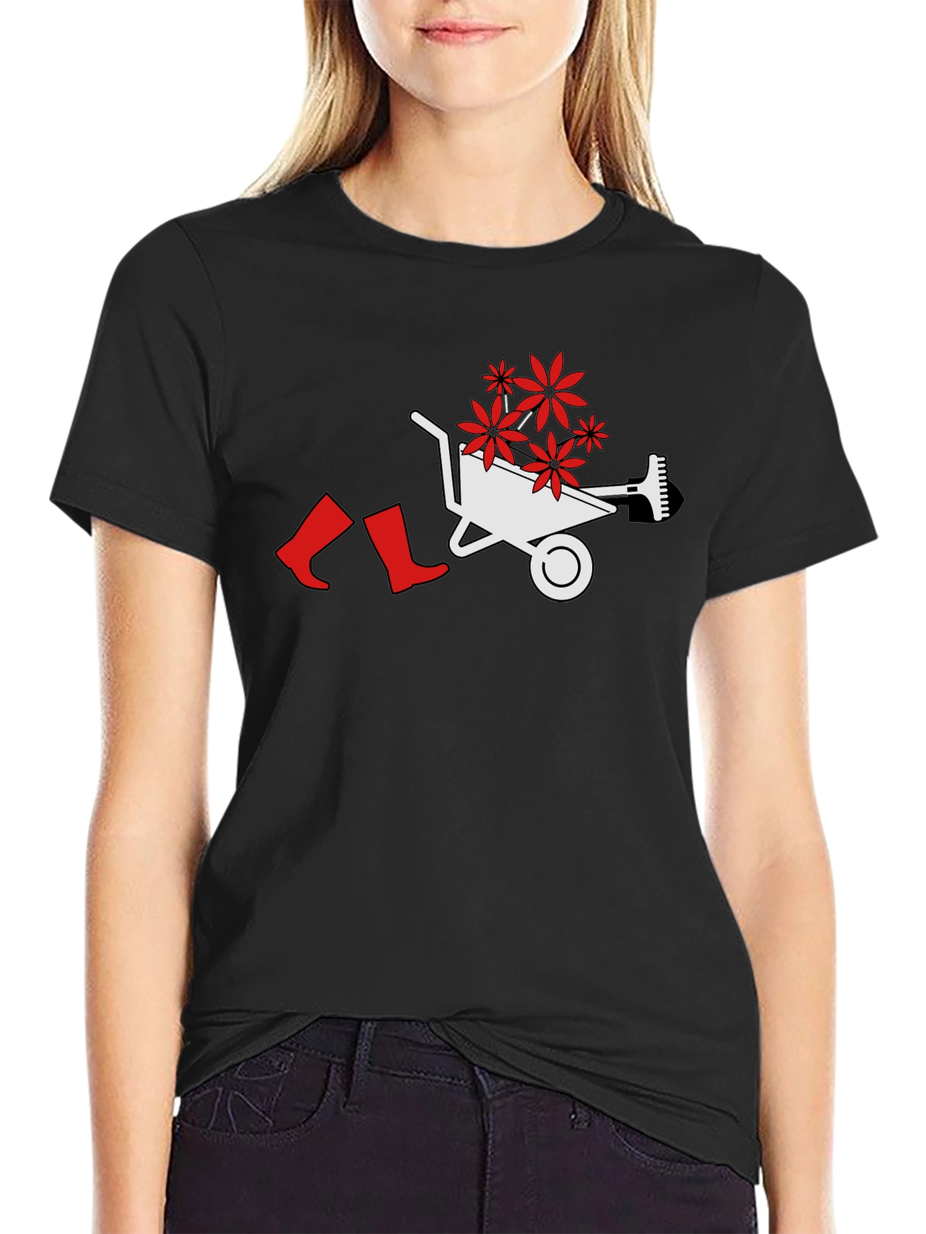 Gardening Humor T-Shirt: Wheelbarrow Boots & Flowers