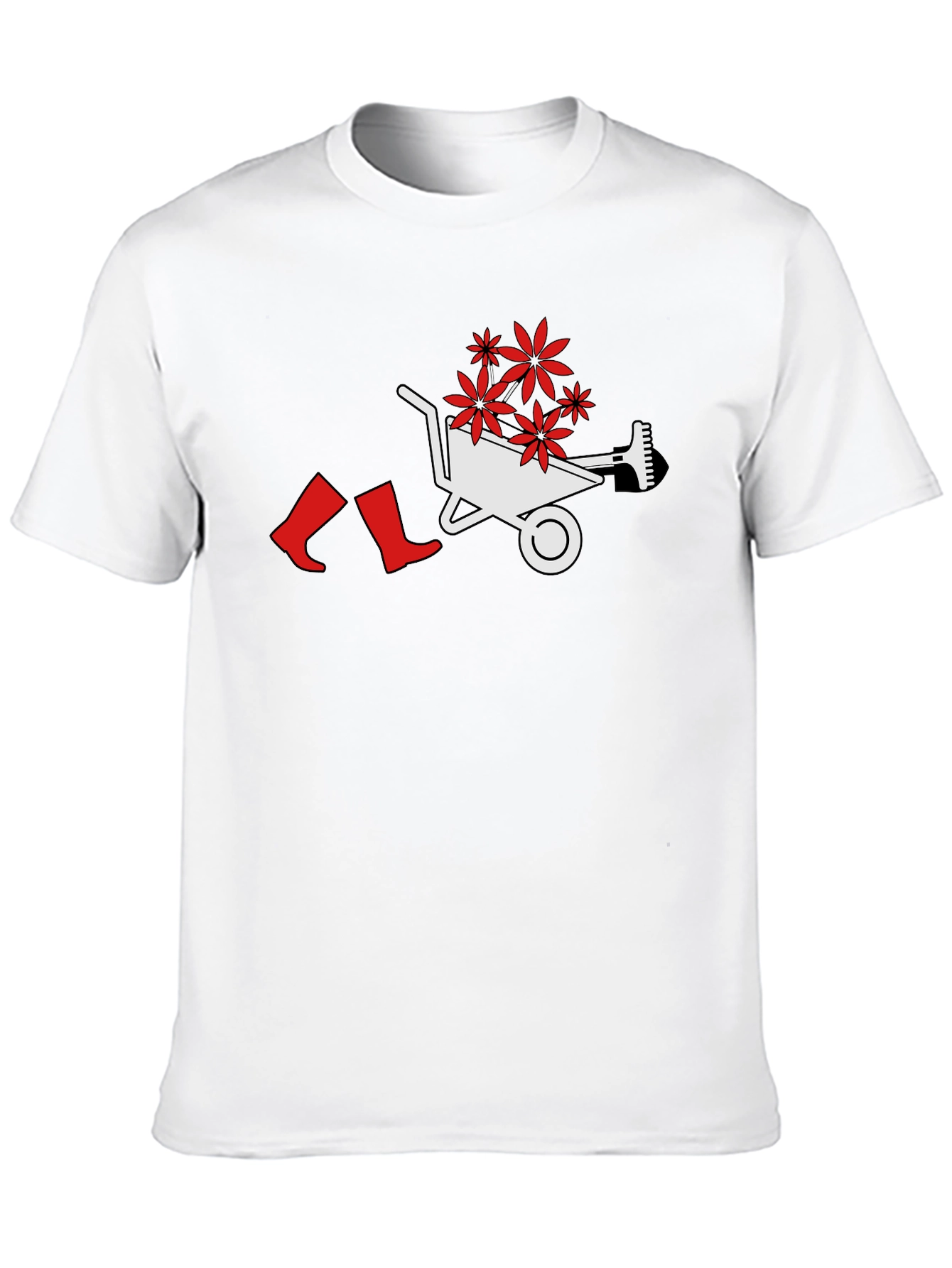 Gardening Humor T-Shirt: Wheelbarrow Boots & Flowers