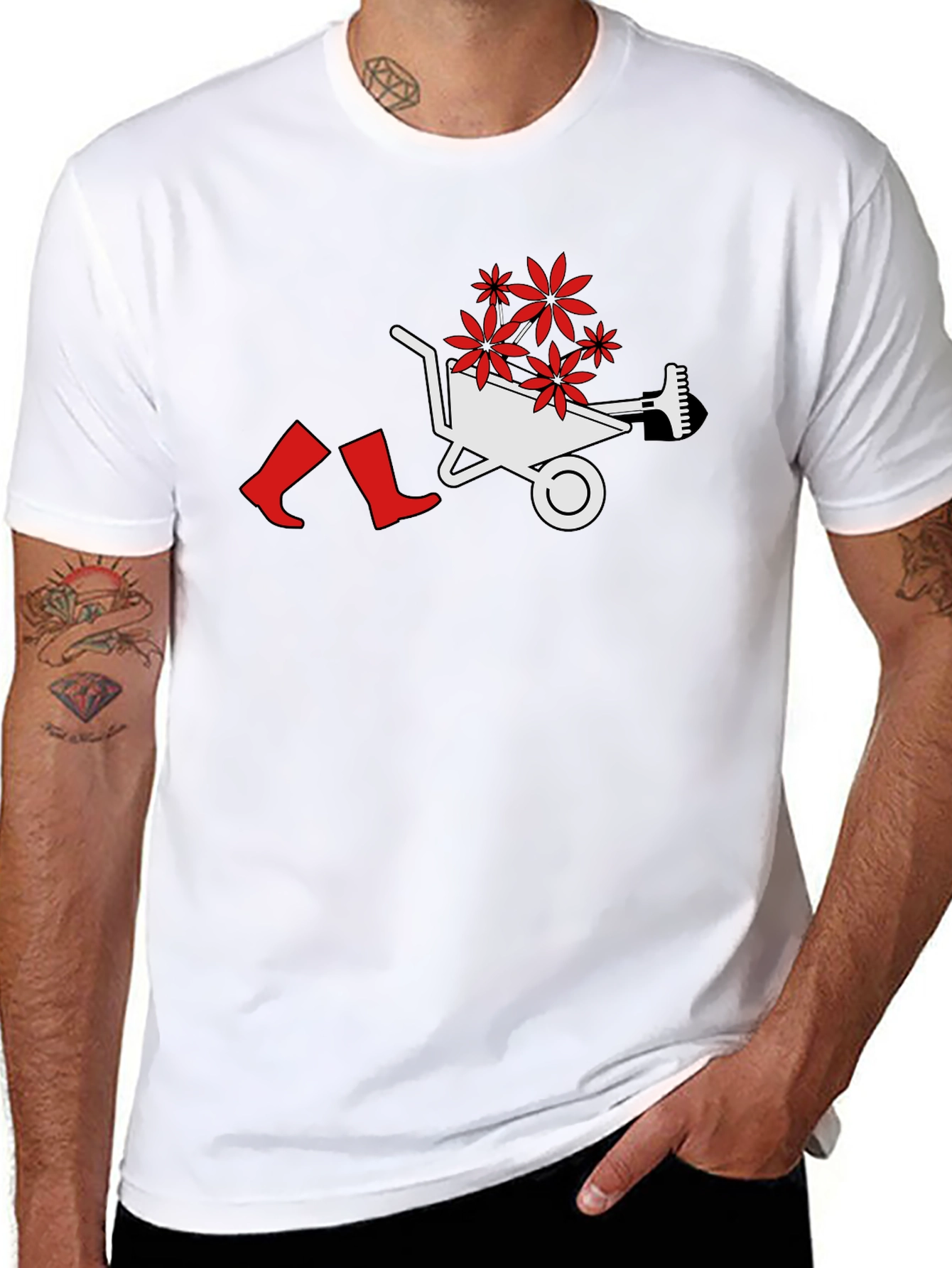 Gardening Humor T-Shirt: Wheelbarrow Boots & Flowers