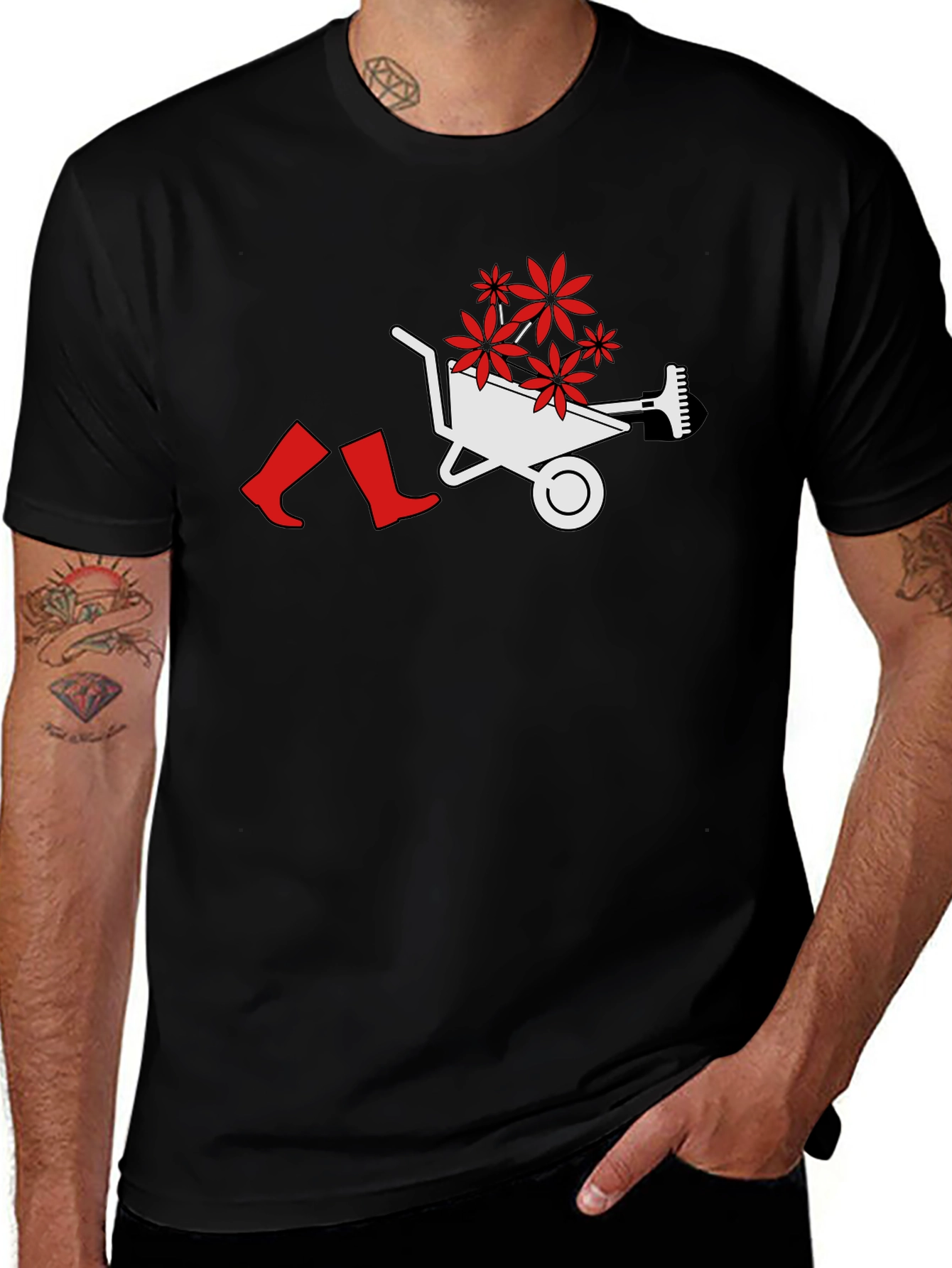 Gardening Humor T-Shirt: Wheelbarrow Boots & Flowers