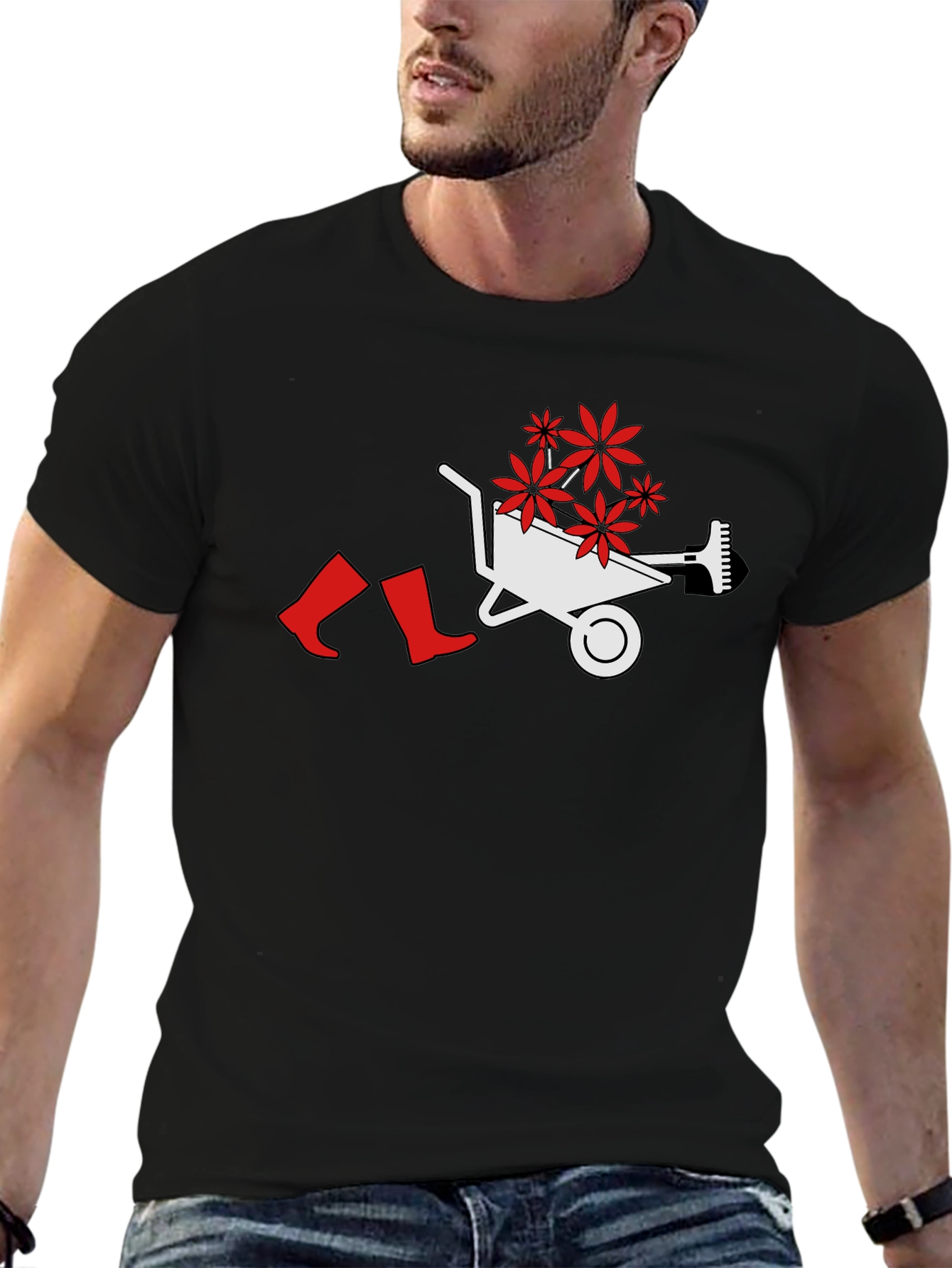 Gardening Humor T-Shirt: Wheelbarrow Boots & Flowers