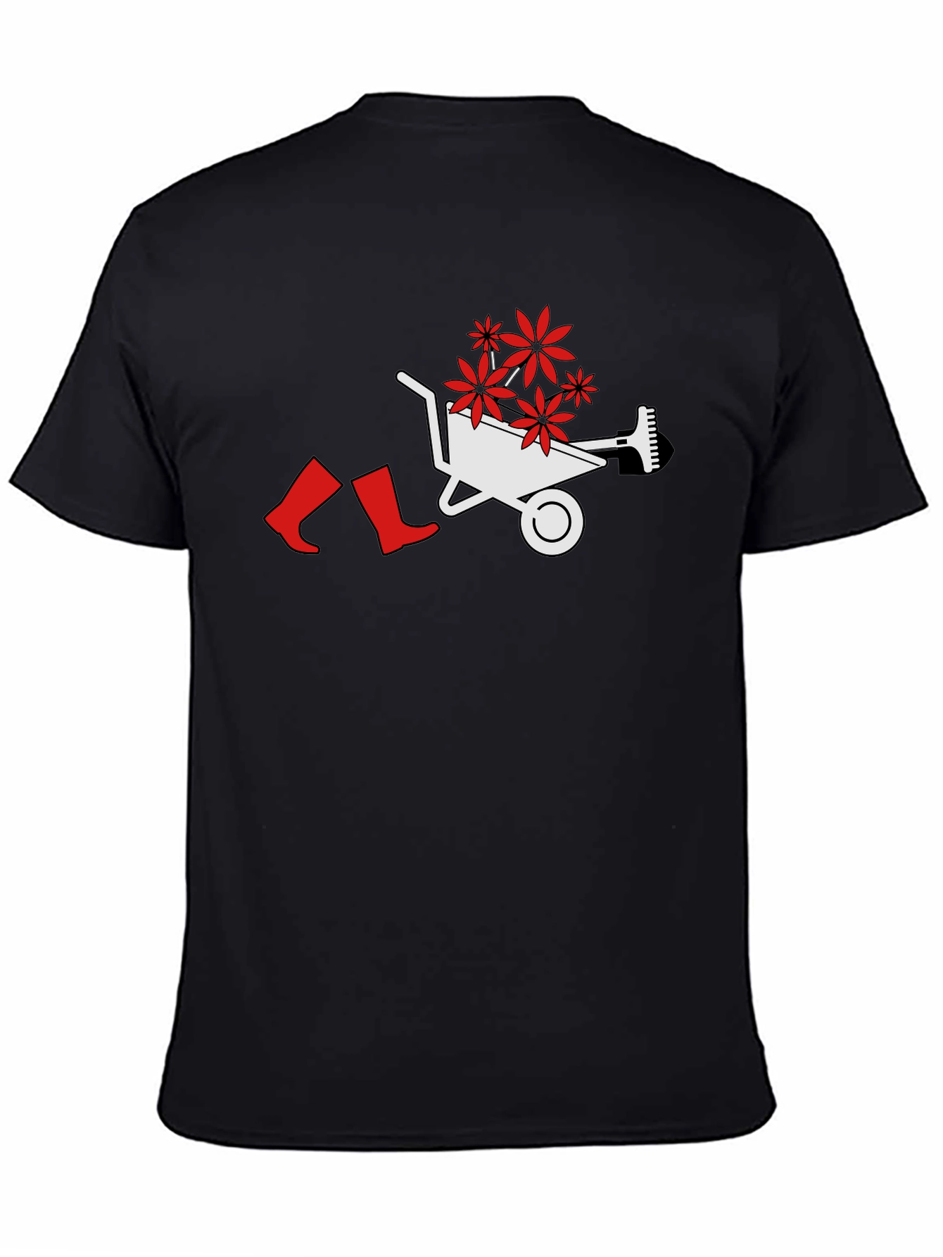 Gardening Humor T-Shirt: Wheelbarrow Boots & Flowers