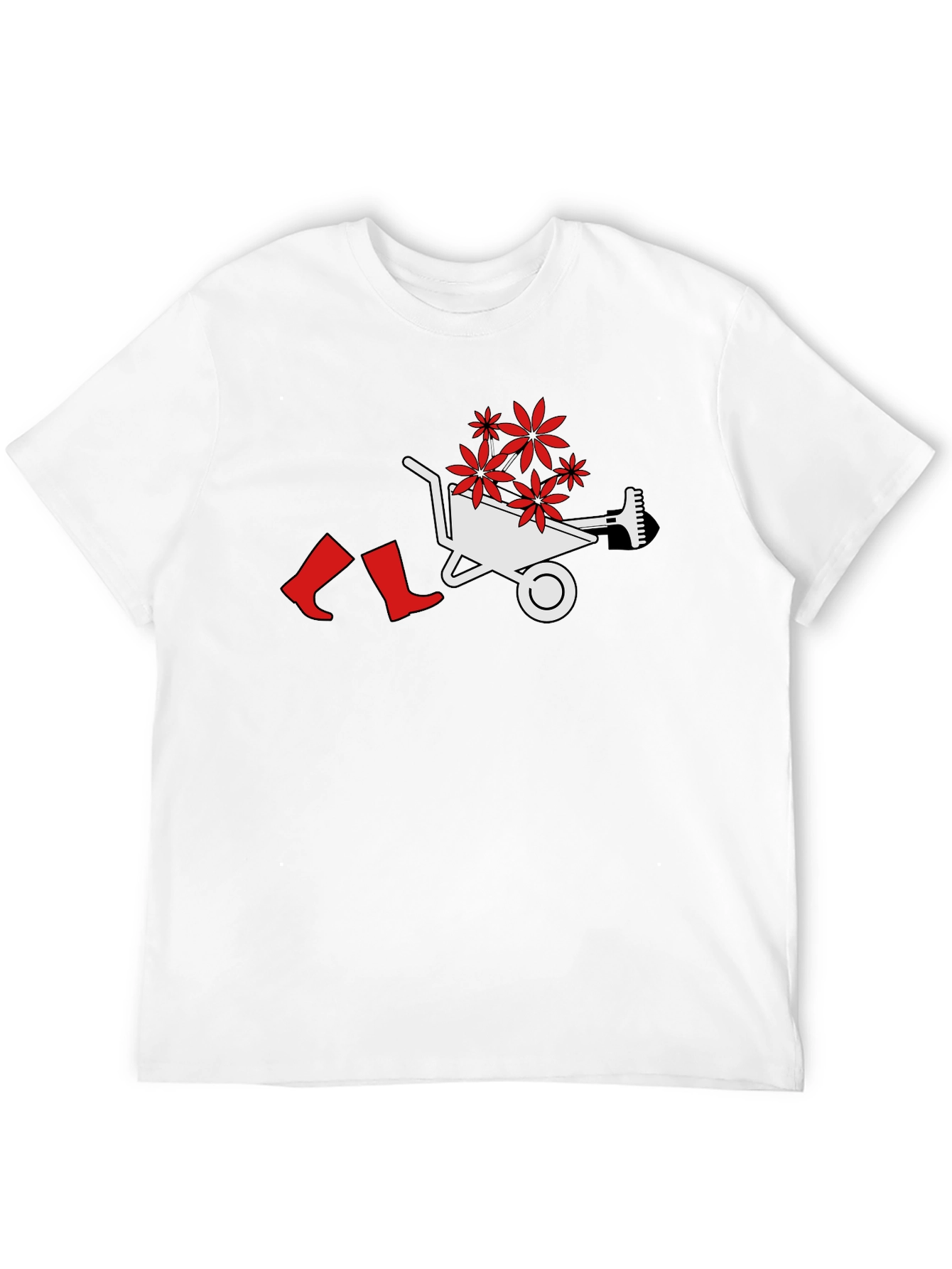 Gardening Humor T-Shirt: Wheelbarrow Boots & Flowers