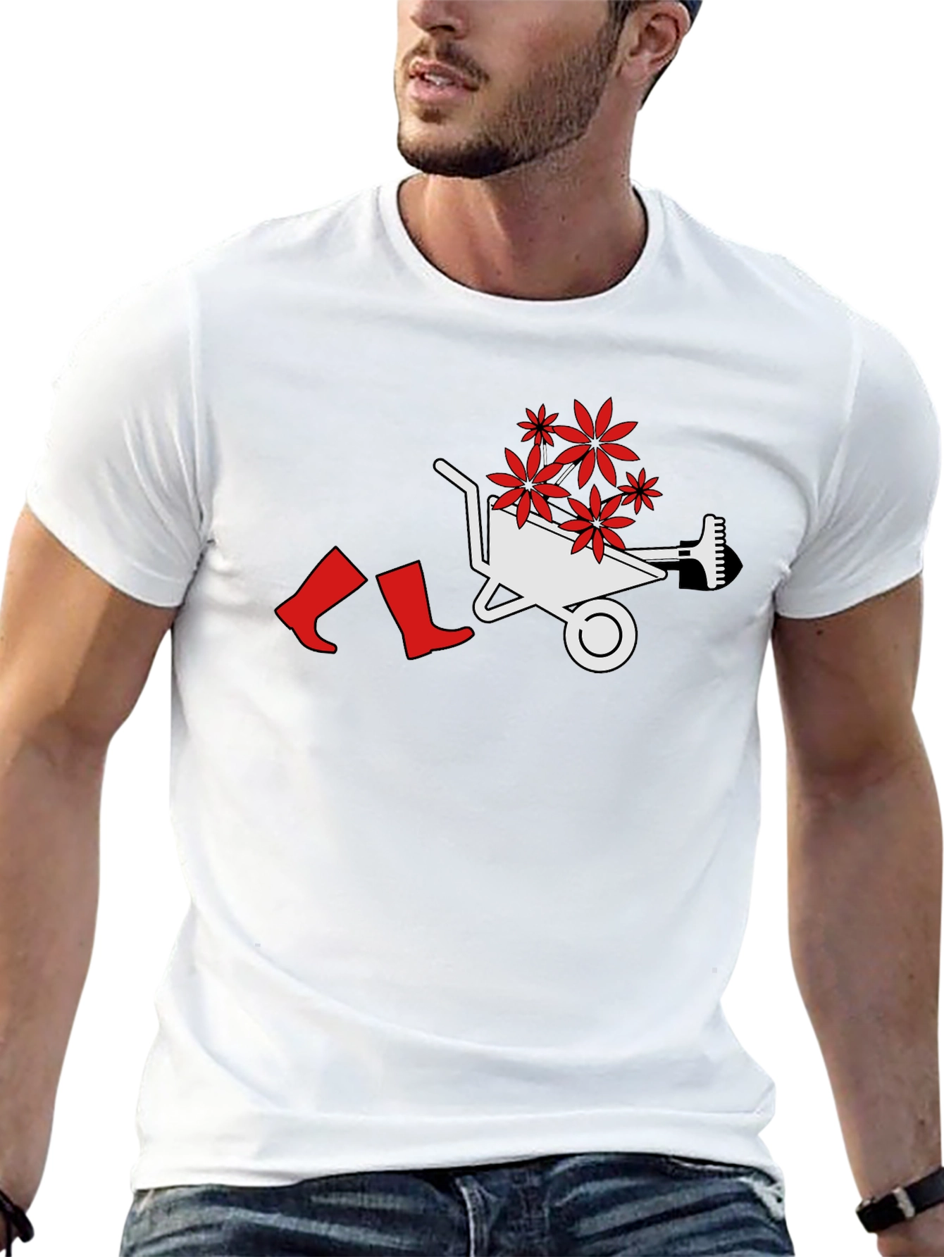 Gardening Humor T-Shirt: Wheelbarrow Boots & Flowers