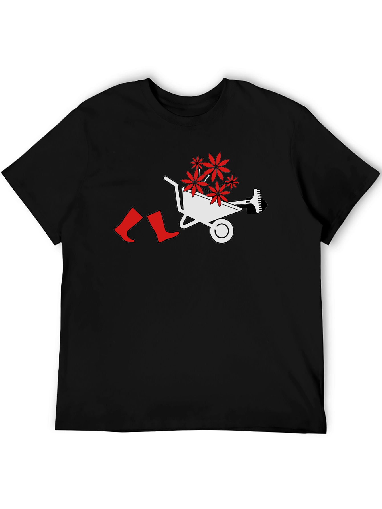 Gardening Humor T-Shirt: Wheelbarrow Boots & Flowers