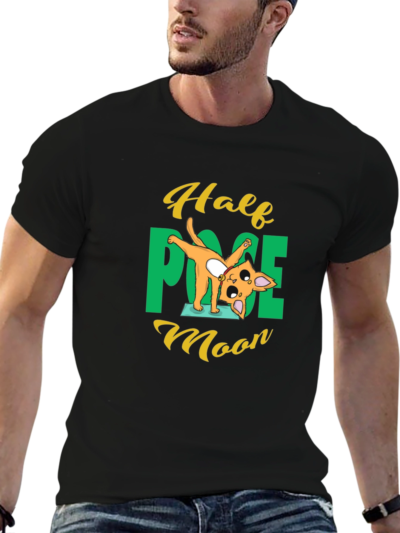 Yoga Cat Half Moon Pose Black T-Shirt