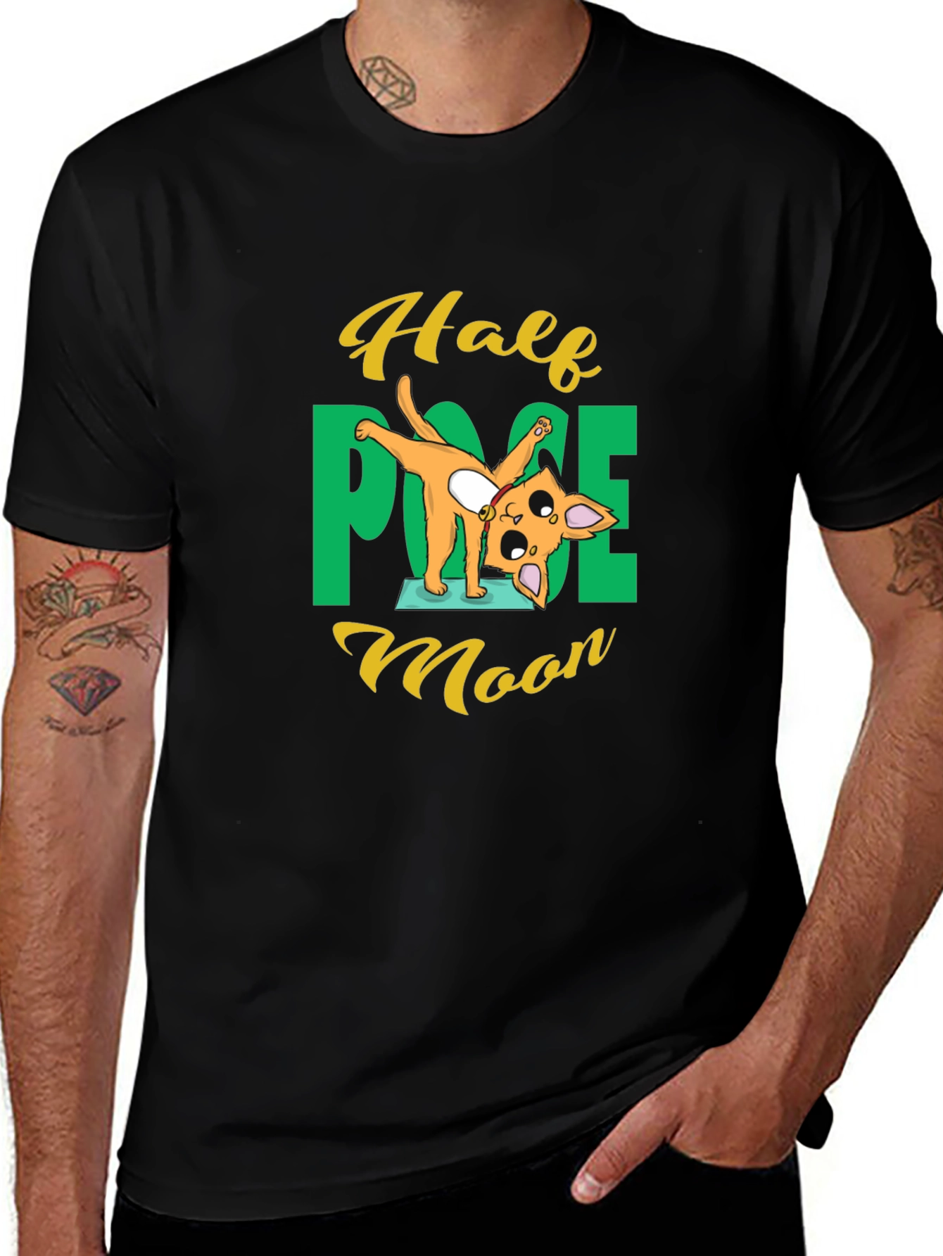 Yoga Cat Half Moon Pose Black T-Shirt