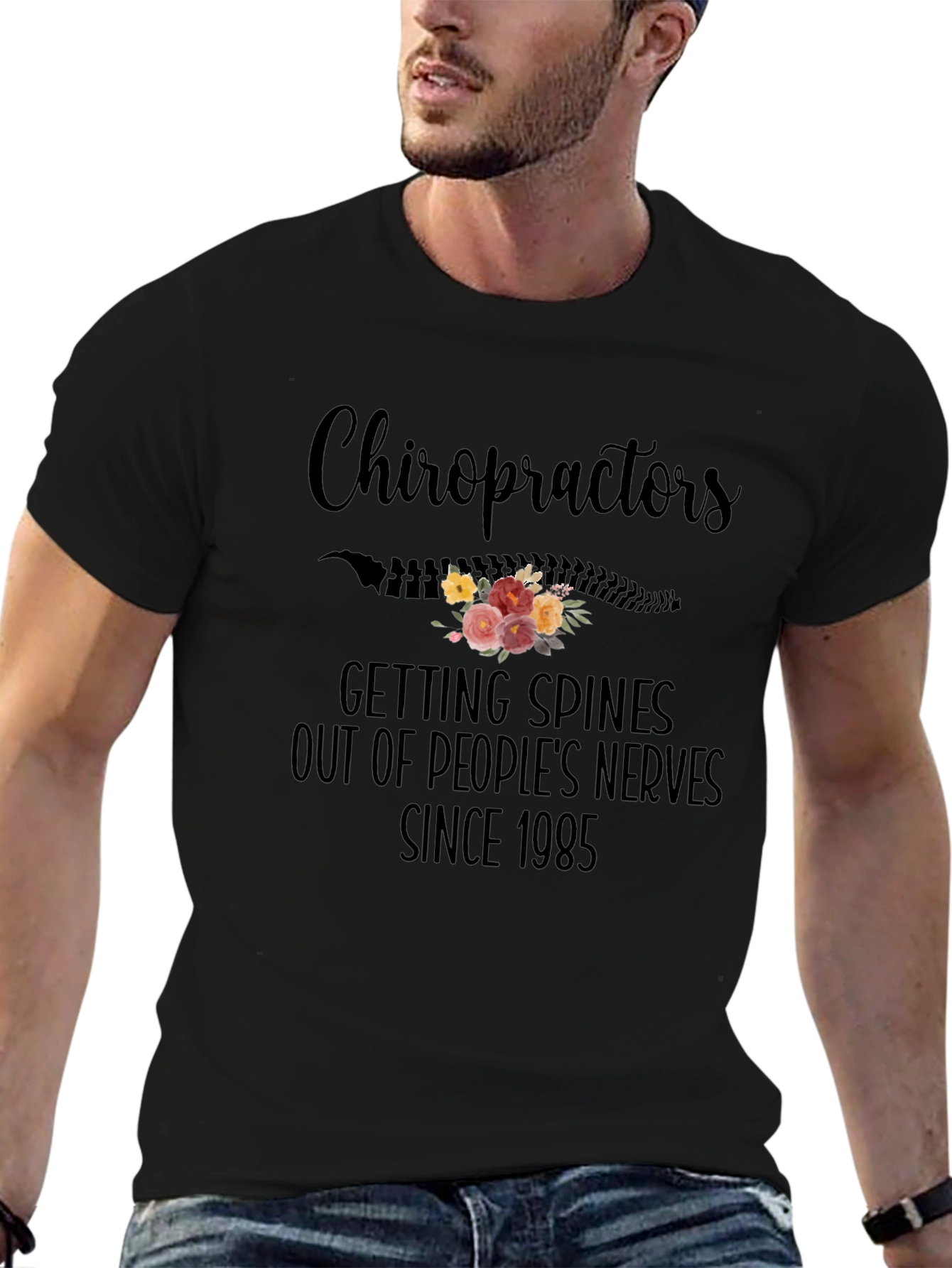 Chiropractor Spine Flower Black T-Shirt