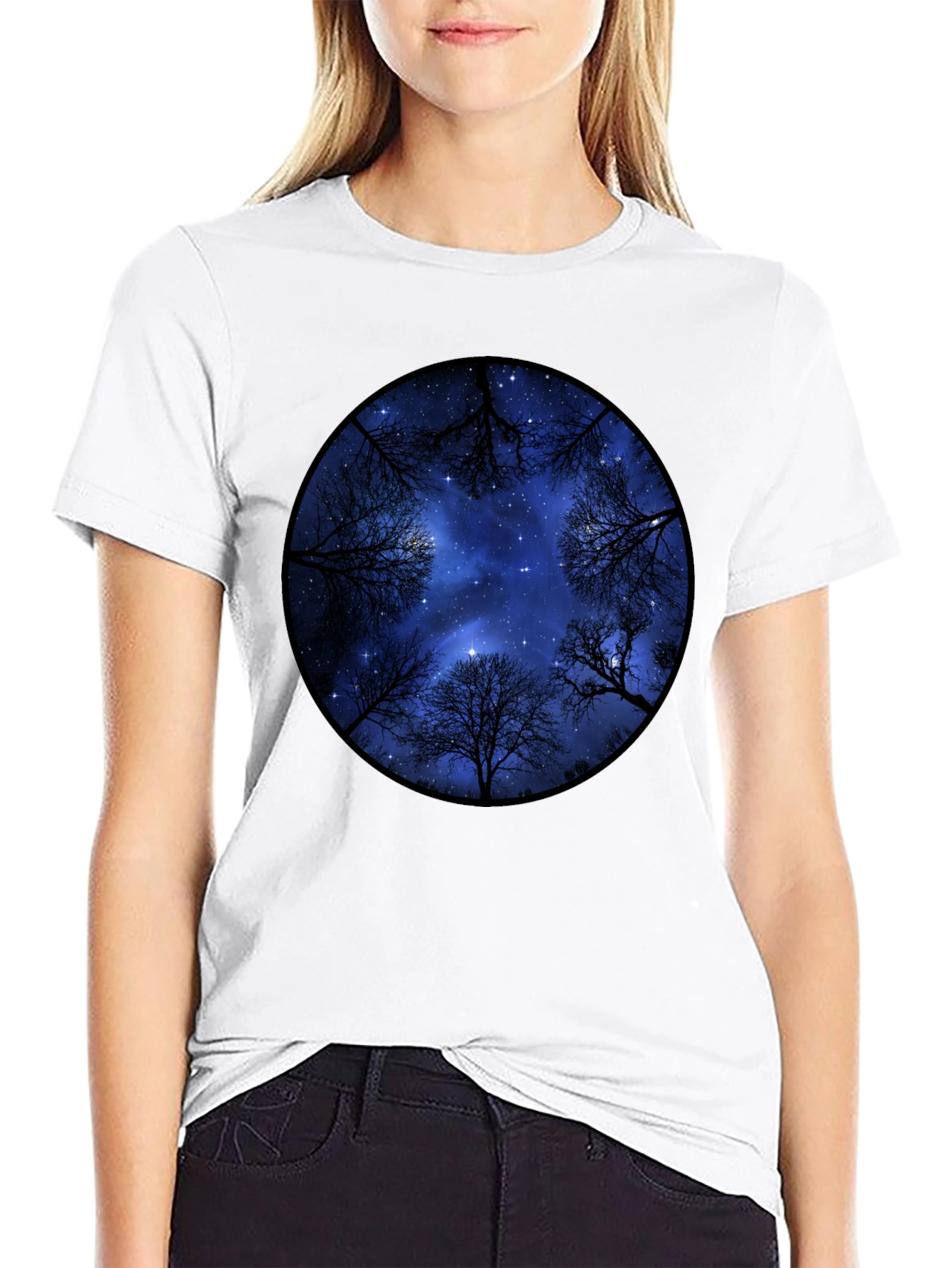 Starry Sky Trees Graphic Tee - Black Cotton Blend